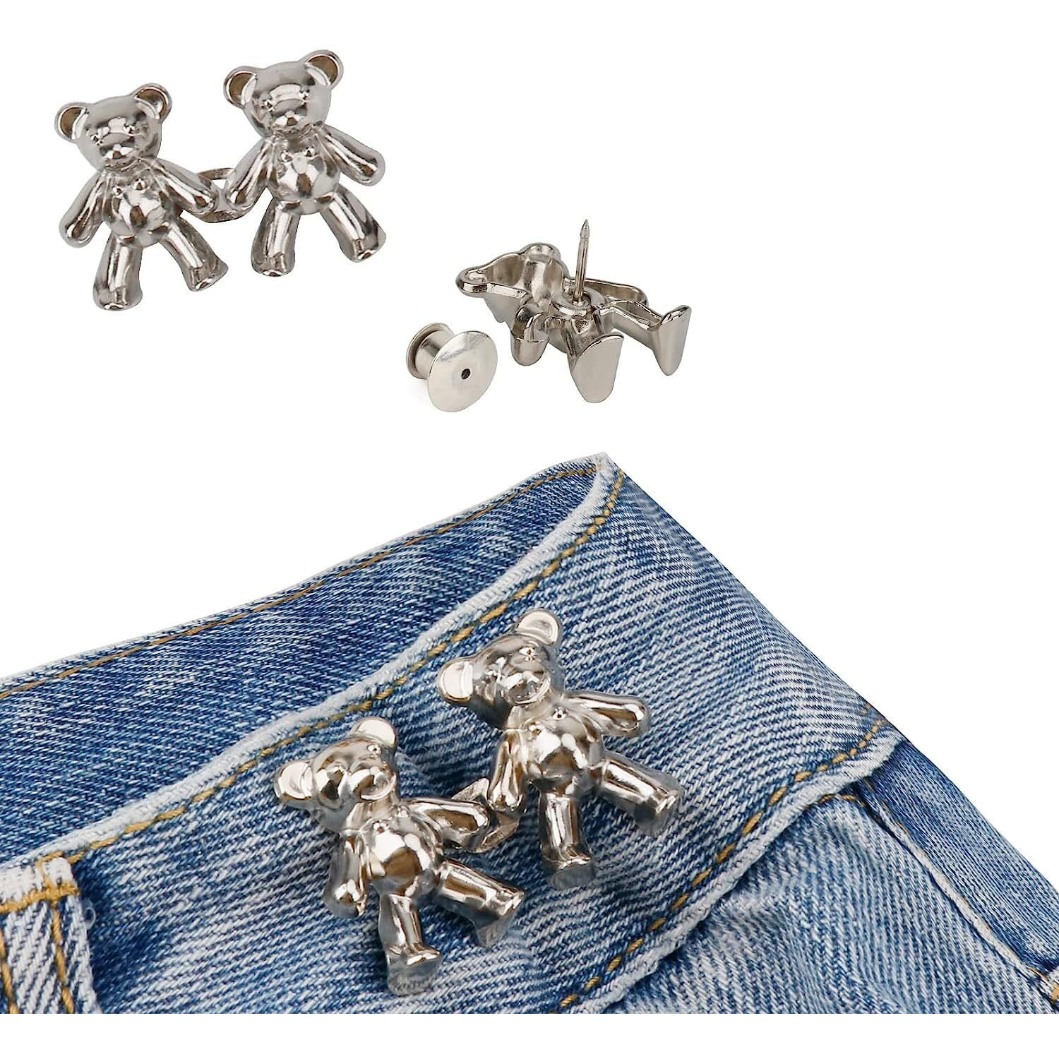 Snozio Detachable Jeans Button Cute Bear Button Pins For Jeans, No Sew Instant Adjustable Waist Buckle Loose Jeans Waist Adjuster Tightener For Skirt Pants (Pack Of 1, Silver)