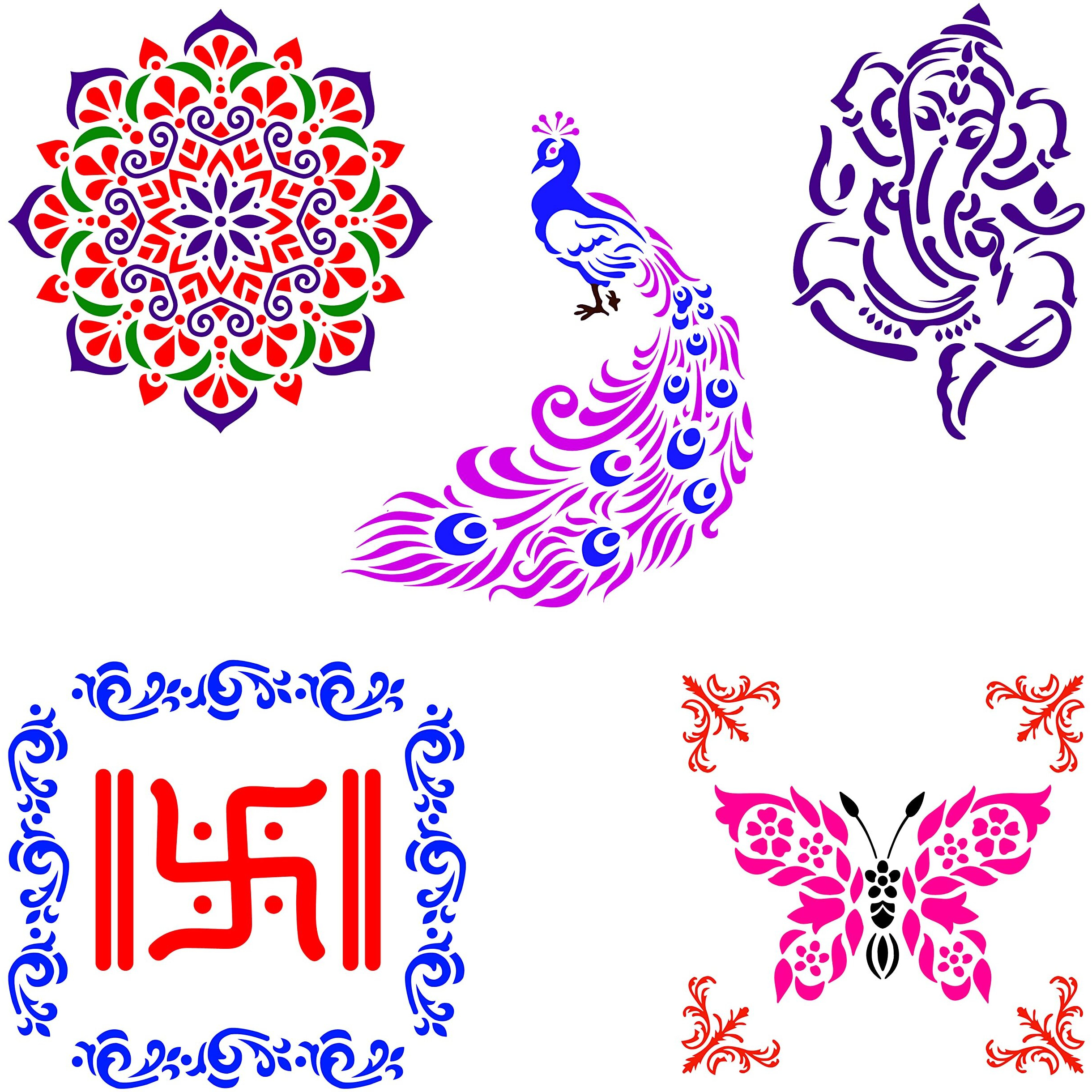 Solobolo Peacock Rangoli Kit With 6 Rangoli Colours| Ganesha Rangoli Stencil | Mandala Rangoli Stencil |Swastik Rangoli Stencil |Butterfly Rangoli Stencil | Border Rangoli | Set Of 7
