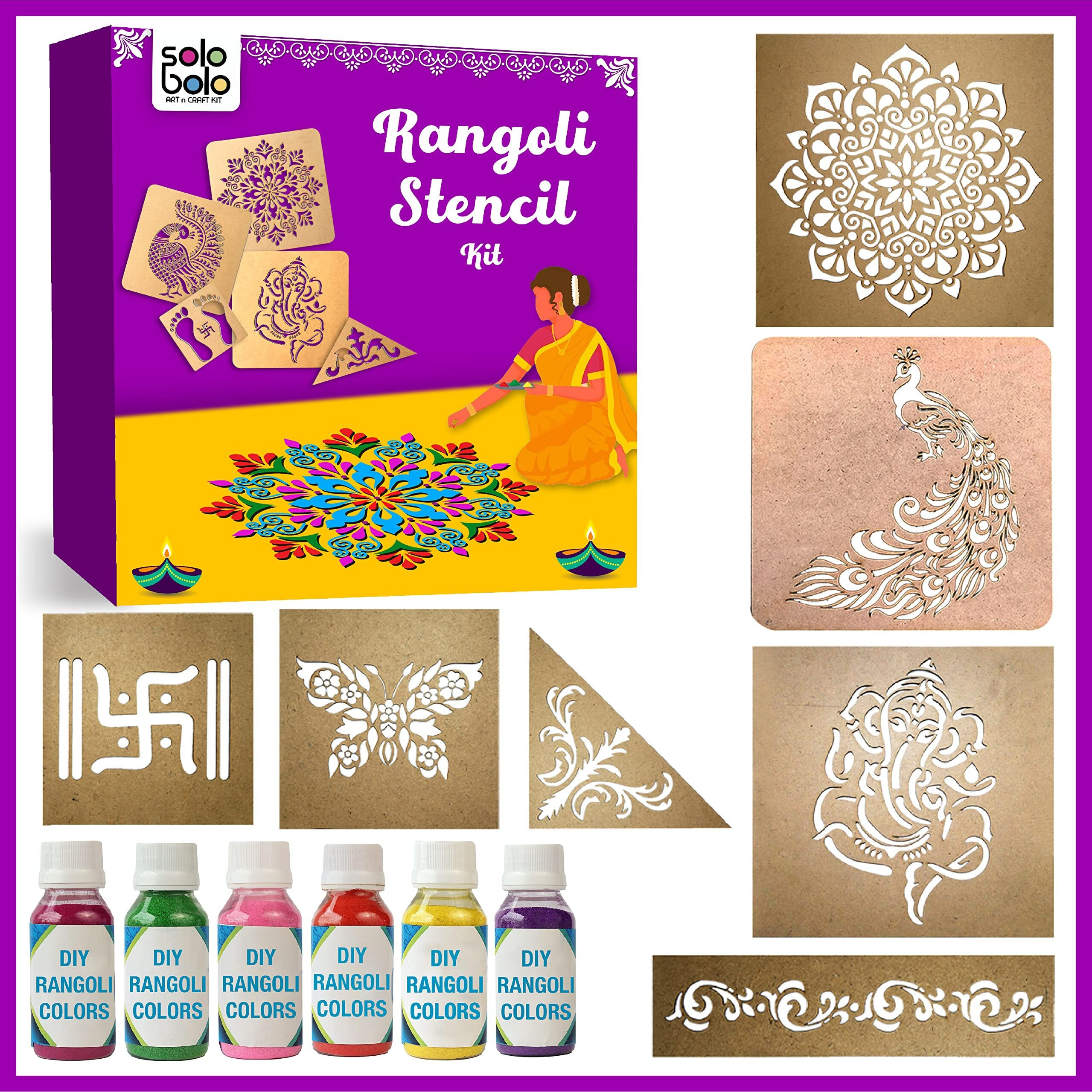 Solobolo Peacock Rangoli Kit With 6 Rangoli Colours| Ganesha Rangoli Stencil | Mandala Rangoli Stencil |Swastik Rangoli Stencil |Butterfly Rangoli Stencil | Border Rangoli | Set Of 7