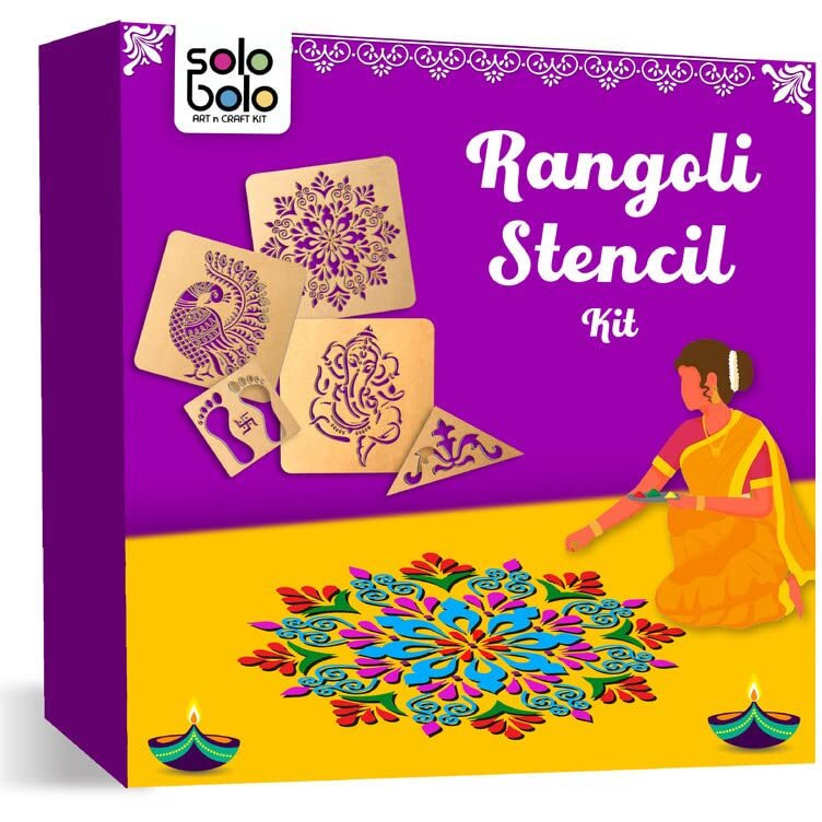 Solobolo Peacock Rangoli Kit With 6 Rangoli Colours| Ganesha Rangoli Stencil | Mandala Rangoli Stencil |Swastik Rangoli Stencil |Butterfly Rangoli Stencil | Border Rangoli | Set Of 7