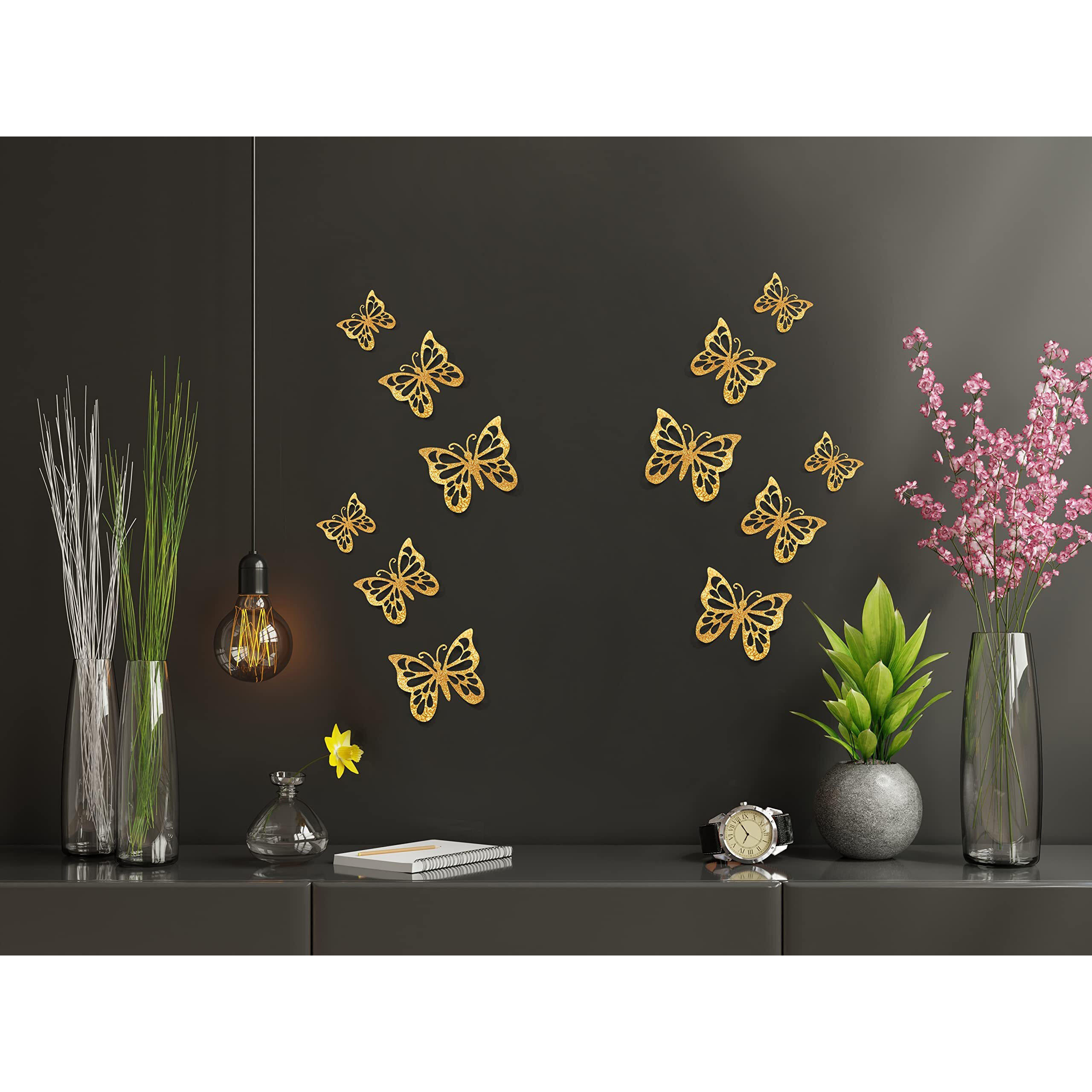 Freny Exim 12 Pcs 3D Pvc Home Dcor Butterfly With Double Gum Tape(Shine Golden)