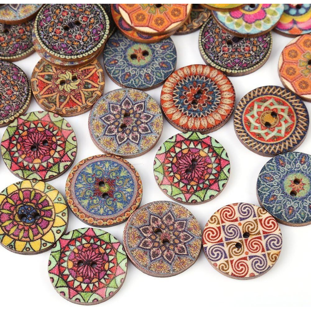 Kanprincess Wooden Buttons For Crafts Wood Buttons 1 Inch Assorted Vintage Round Wooden Flower (30 Pcs)
