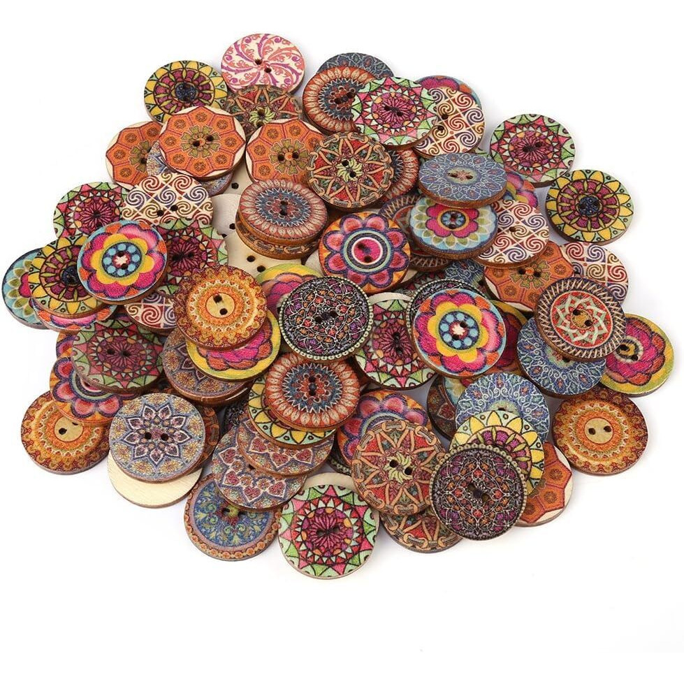 Kanprincess Wooden Buttons For Crafts Wood Buttons 1 Inch Assorted Vintage Round Wooden Flower (30 Pcs)