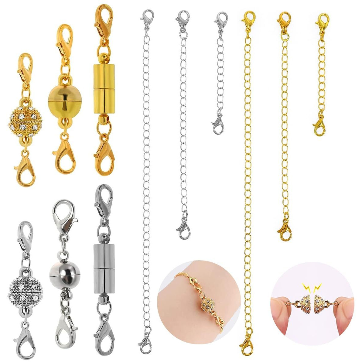 Sannidhi 12Pcs Magnetic Jewelry Clasps And Necklace Extenders Gold Silver Multi Sizes & Styles Chain Extenders Magnetic Clasps