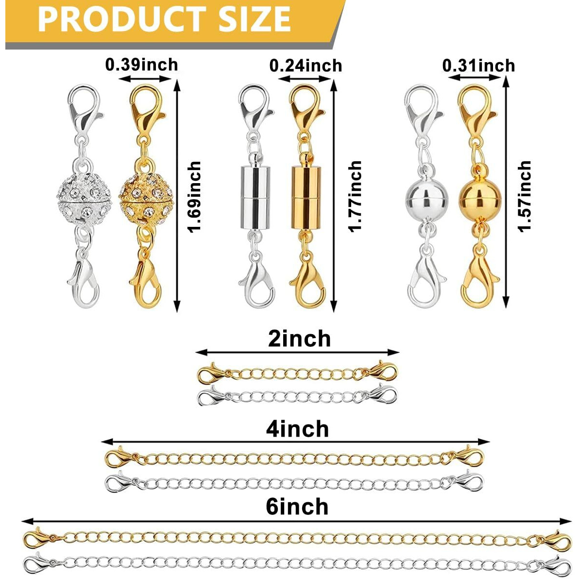 Sannidhi 12Pcs Magnetic Jewelry Clasps And Necklace Extenders Gold Silver Multi Sizes & Styles Chain Extenders Magnetic Clasps