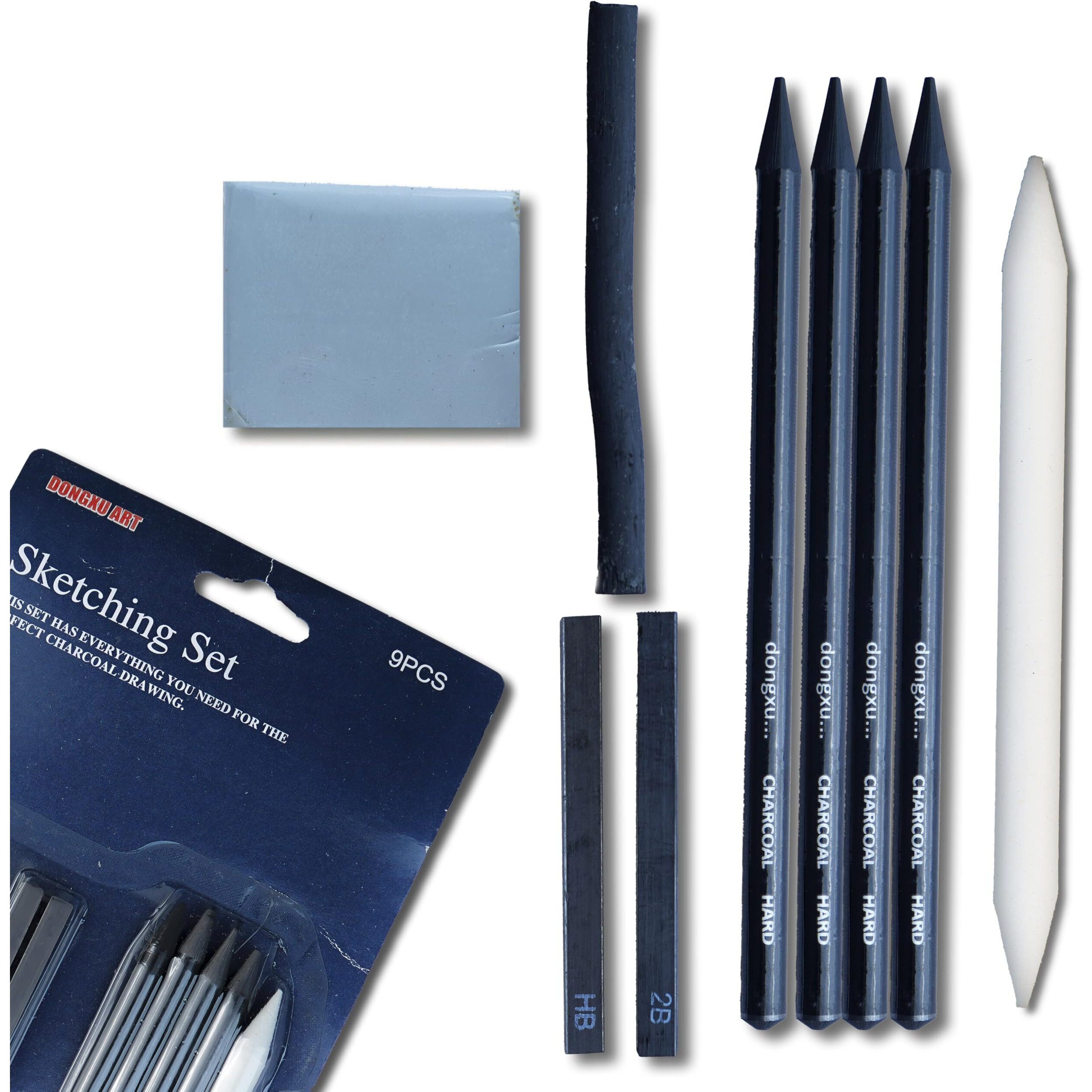 Artright 9-Piece Artists' Sketching & Drawing Tool Kit With 4 Premium Graphite Pencils, 2 Compressed Charcoal Sticks, Blending Stump, Kneaded Eraser And Charcoal Block - Artists 9Pcs Sketching Set