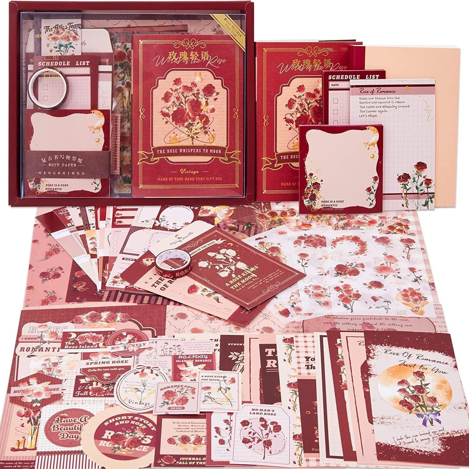 Mgnlr Vintage Aesthetic Scrapbook Kit(346Pcs) Scrapbooking Supplies Kit With Bullet Junk Journal,Stationery,A6 Grid Notebook Journaling Gift For Girl (Rose Scrapbook)