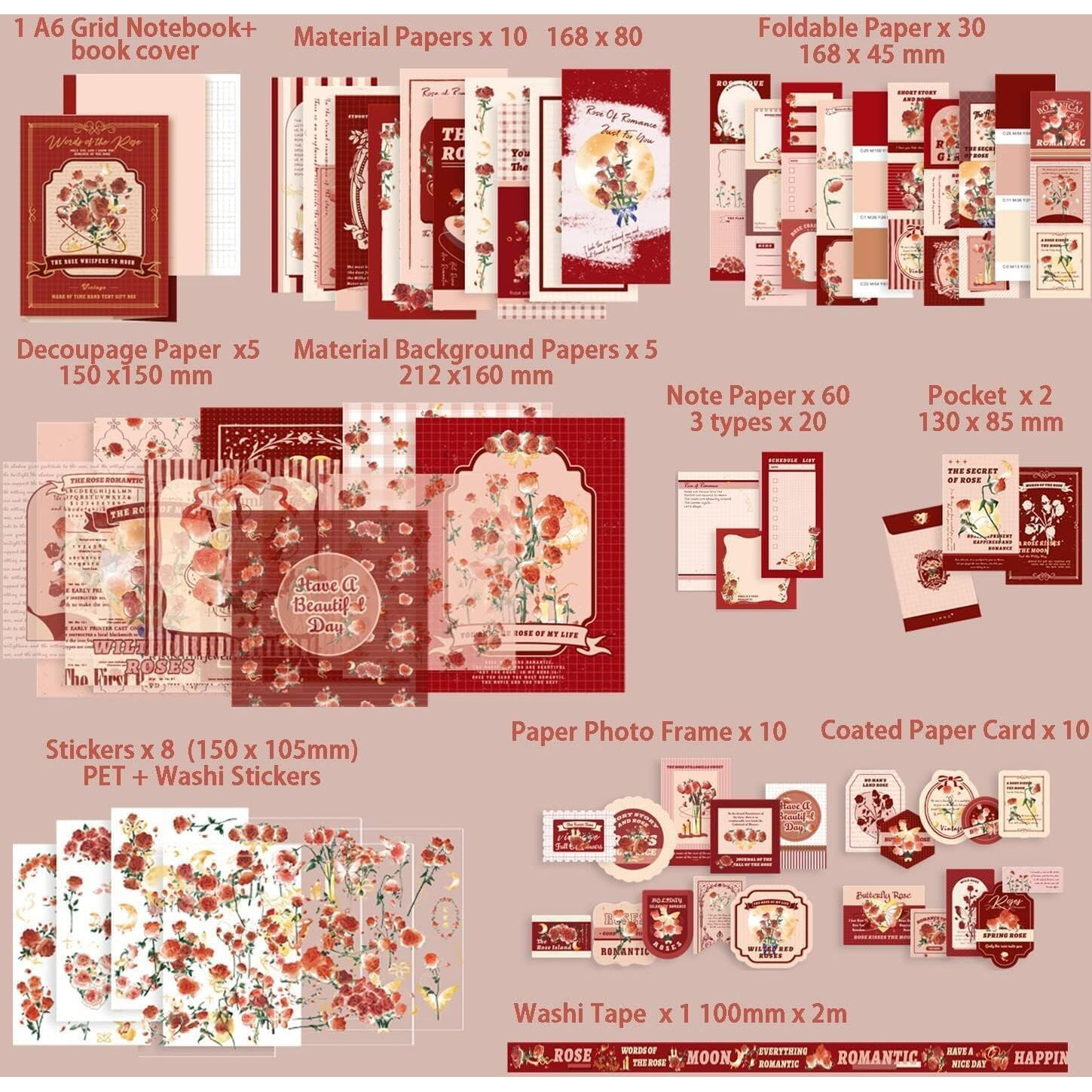 Mgnlr Vintage Aesthetic Scrapbook Kit(346Pcs) Scrapbooking Supplies Kit With Bullet Junk Journal,Stationery,A6 Grid Notebook Journaling Gift For Girl (Rose Scrapbook)