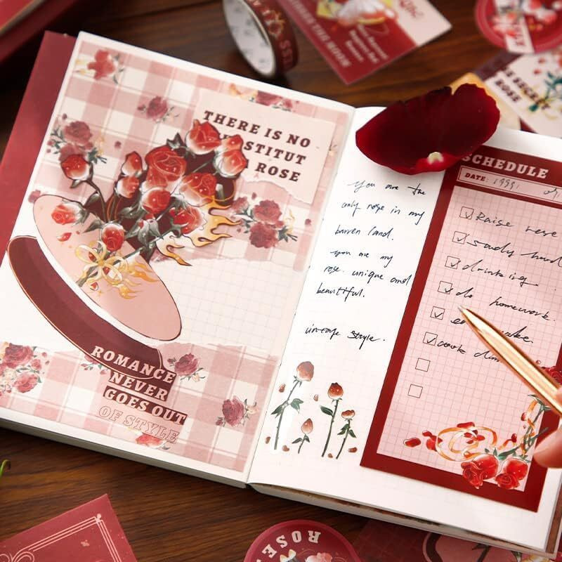 Mgnlr Vintage Aesthetic Scrapbook Kit(346Pcs) Scrapbooking Supplies Kit With Bullet Junk Journal,Stationery,A6 Grid Notebook Journaling Gift For Girl (Rose Scrapbook)
