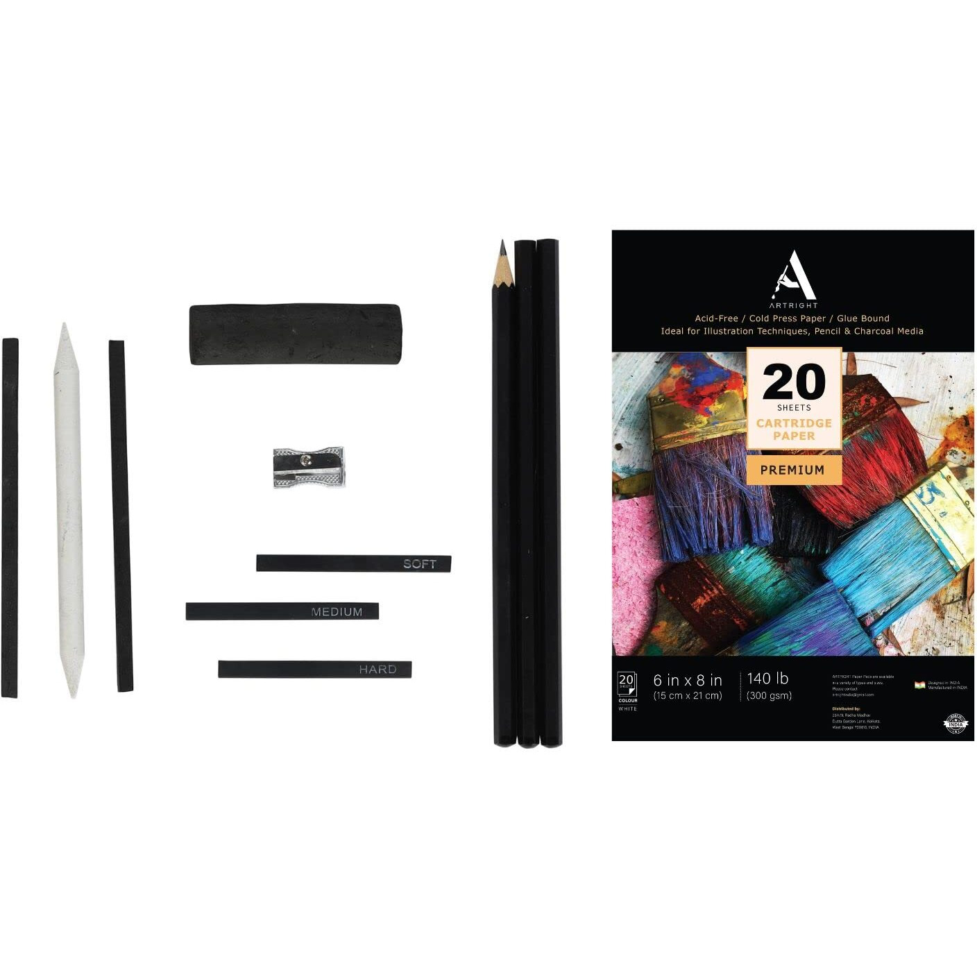 Artright Complete Artist' Sketching Set - 20 A5 Sketching Sheets, 3 Graphite Pencils, 3 Compressed Charcoal Sticks, 2 Graphite Sticks, Charcoal Block, Blending Stump & Sharpener