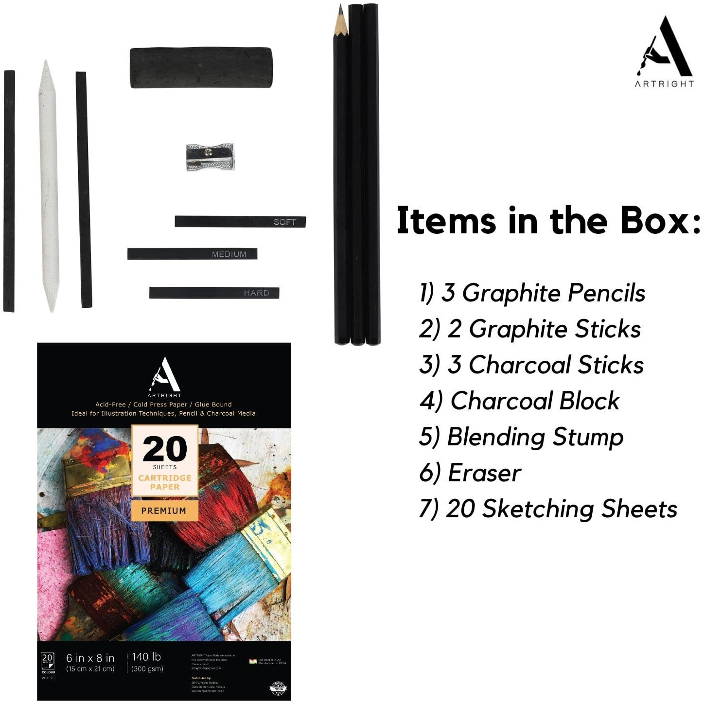 Artright Complete Artist' Sketching Set - 20 A5 Sketching Sheets, 3 Graphite Pencils, 3 Compressed Charcoal Sticks, 2 Graphite Sticks, Charcoal Block, Blending Stump & Sharpener