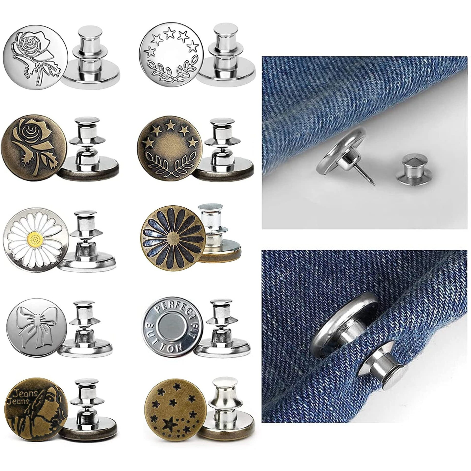 Kawn 10Pcs Jeans Button Pins Multipurpose No Sew Replacement Jeans Buttons For Women Adjustable Instant Pants Waist Extender For Jeans Trousers Bags Skirt Hat Reusable Metal Button Tightener (A)