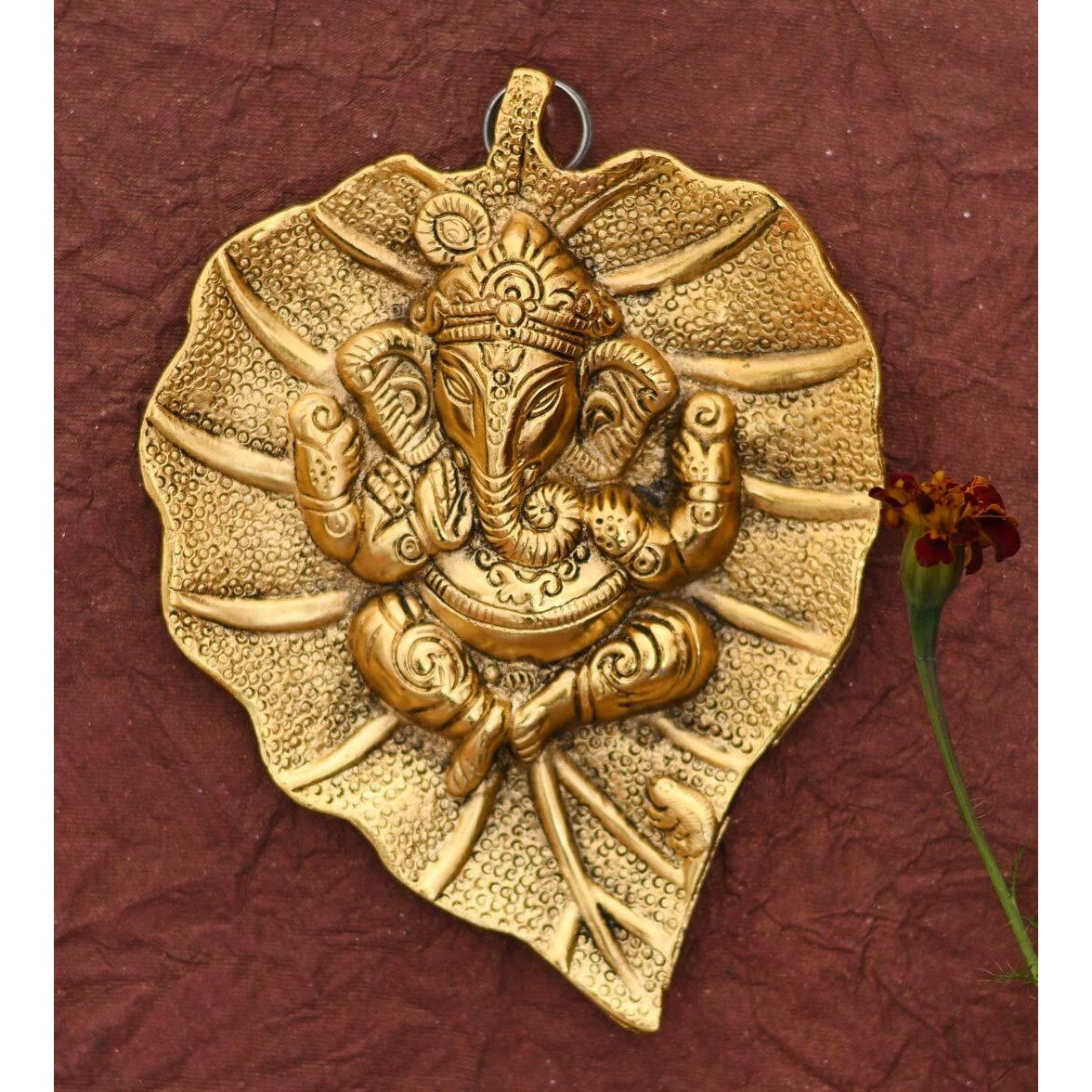 Craftam Metal Lord Ganesha On Leaf Decorative Wall Hanging Showpiece Figurine (Golden)