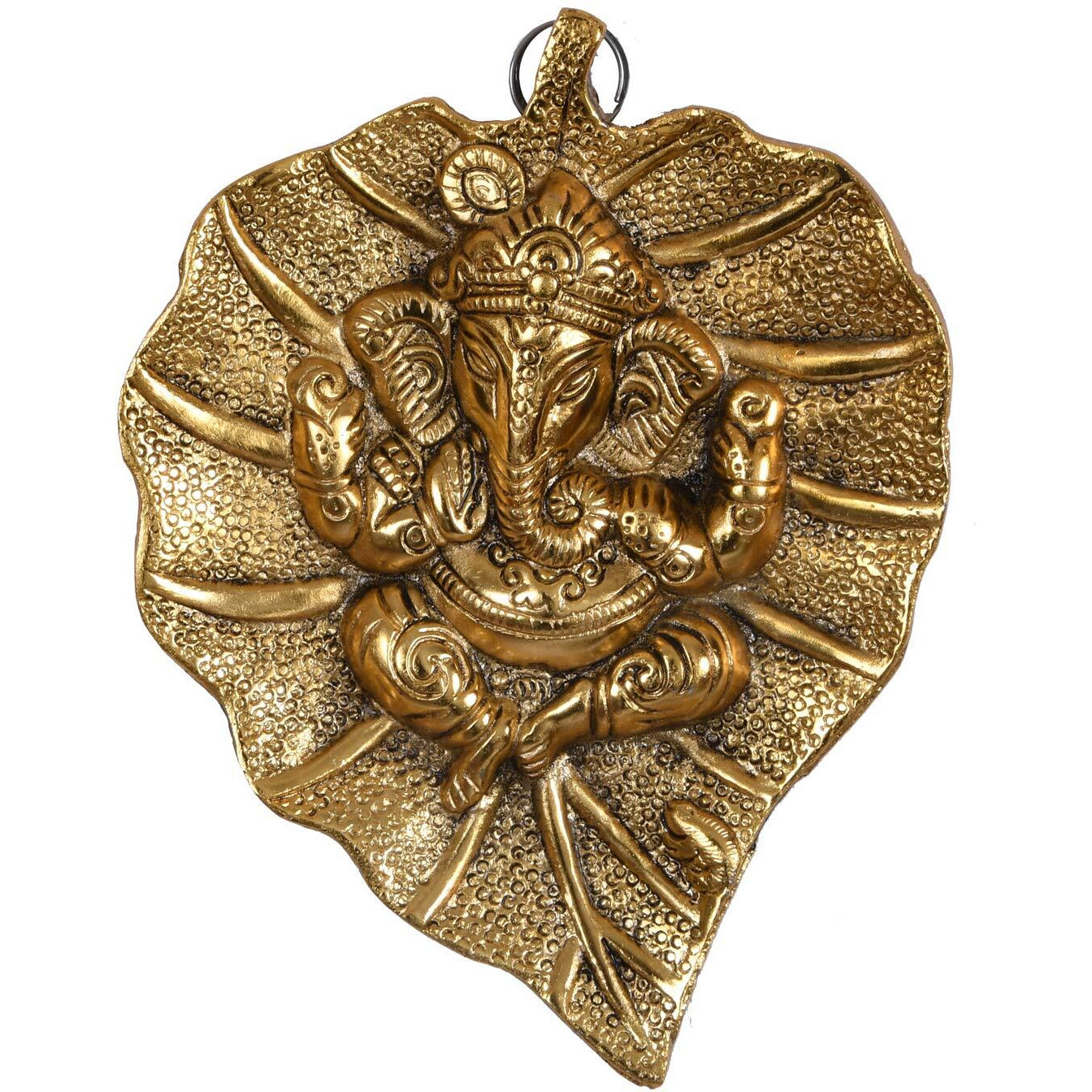 Craftam Metal Lord Ganesha On Leaf Decorative Wall Hanging Showpiece Figurine (Golden)