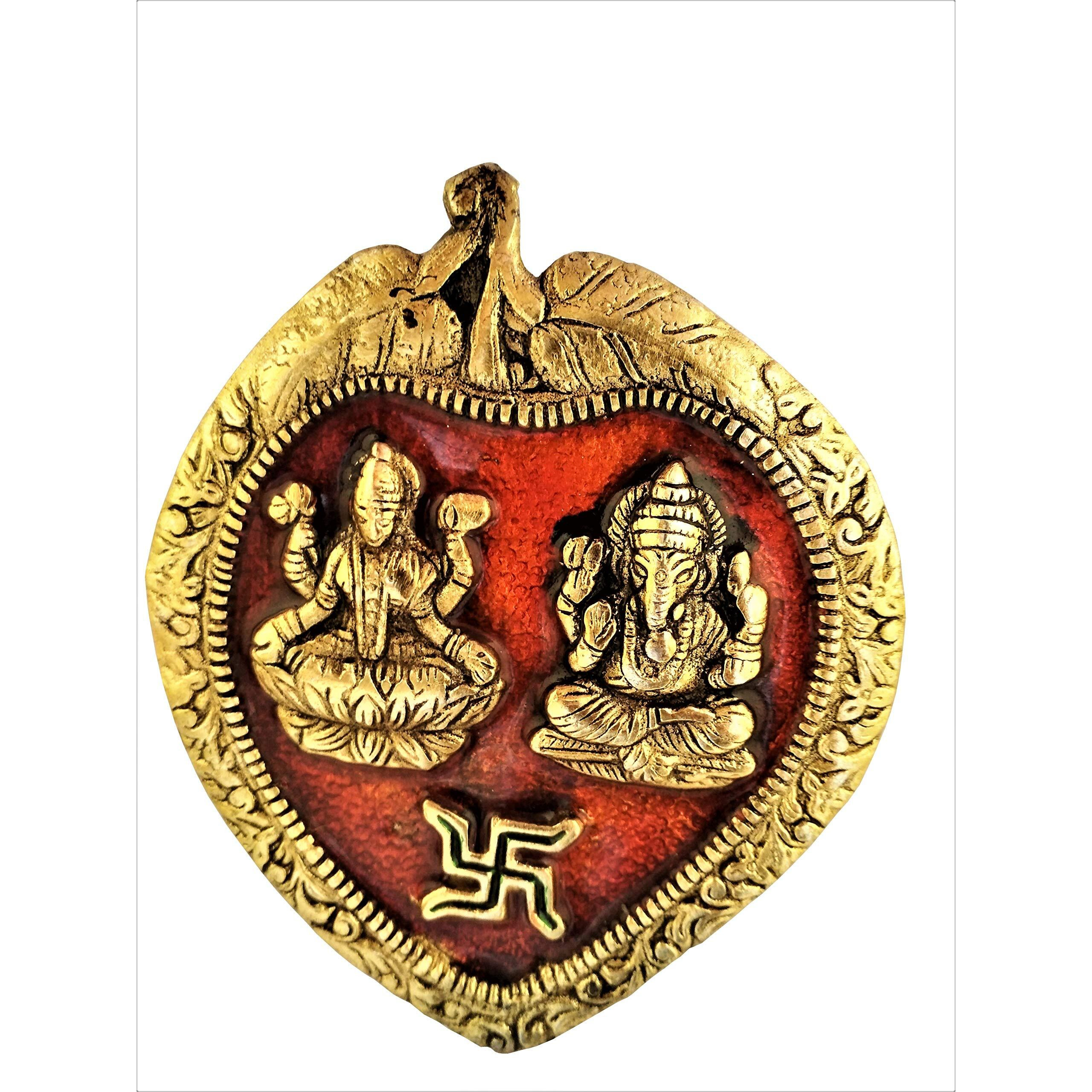 Purpledip Metal Wall Hanging Ganesha-Lakshmi Auspicious Hindu Symbols On Betel Leaf (11542)