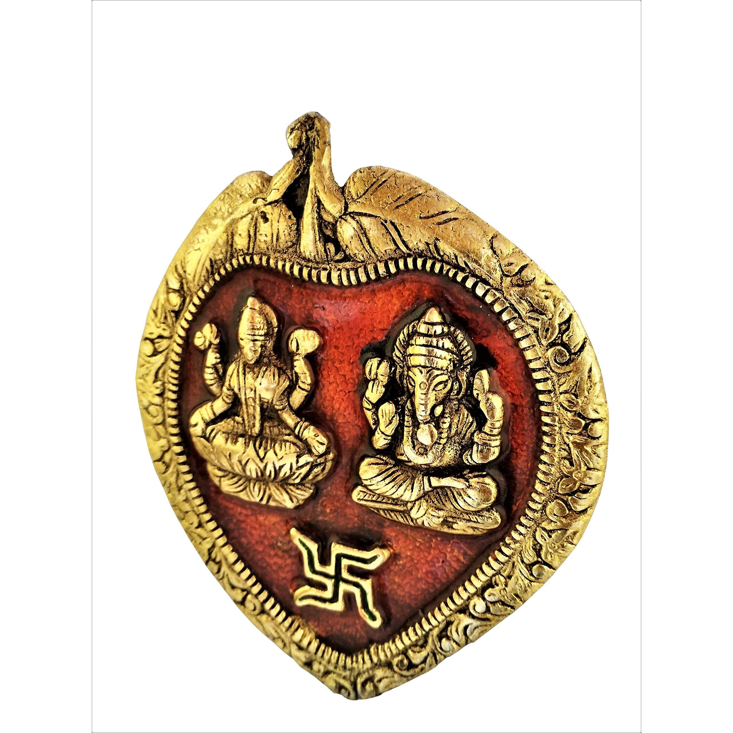 Purpledip Metal Wall Hanging Ganesha-Lakshmi Auspicious Hindu Symbols On Betel Leaf (11542)