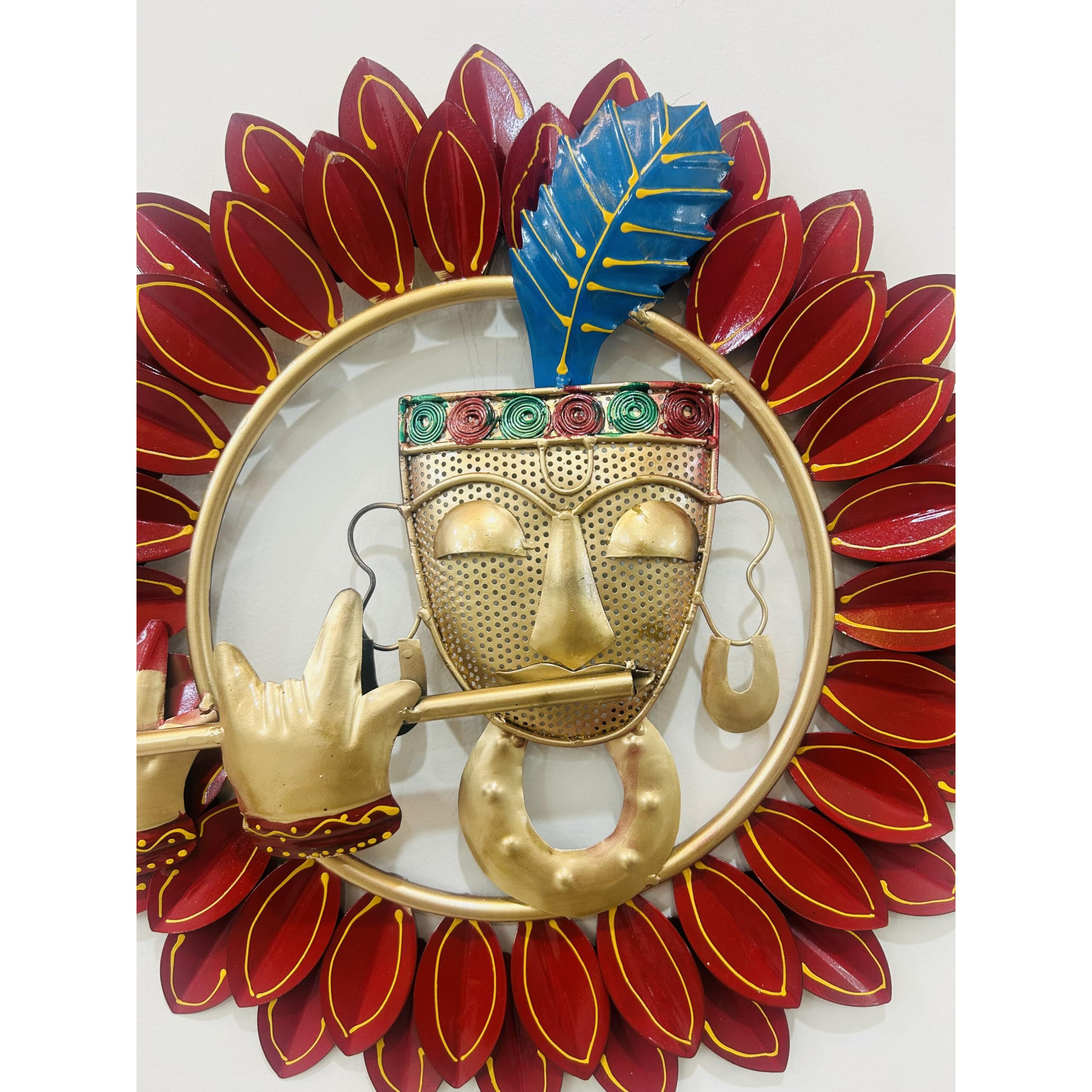 Pedex Gold Metal Multicolor Krishna Playing Basuri Round Frame Wall Hanging For Home Decoration Decor, Wall Sculpture For Hall Living Room, Bedroom