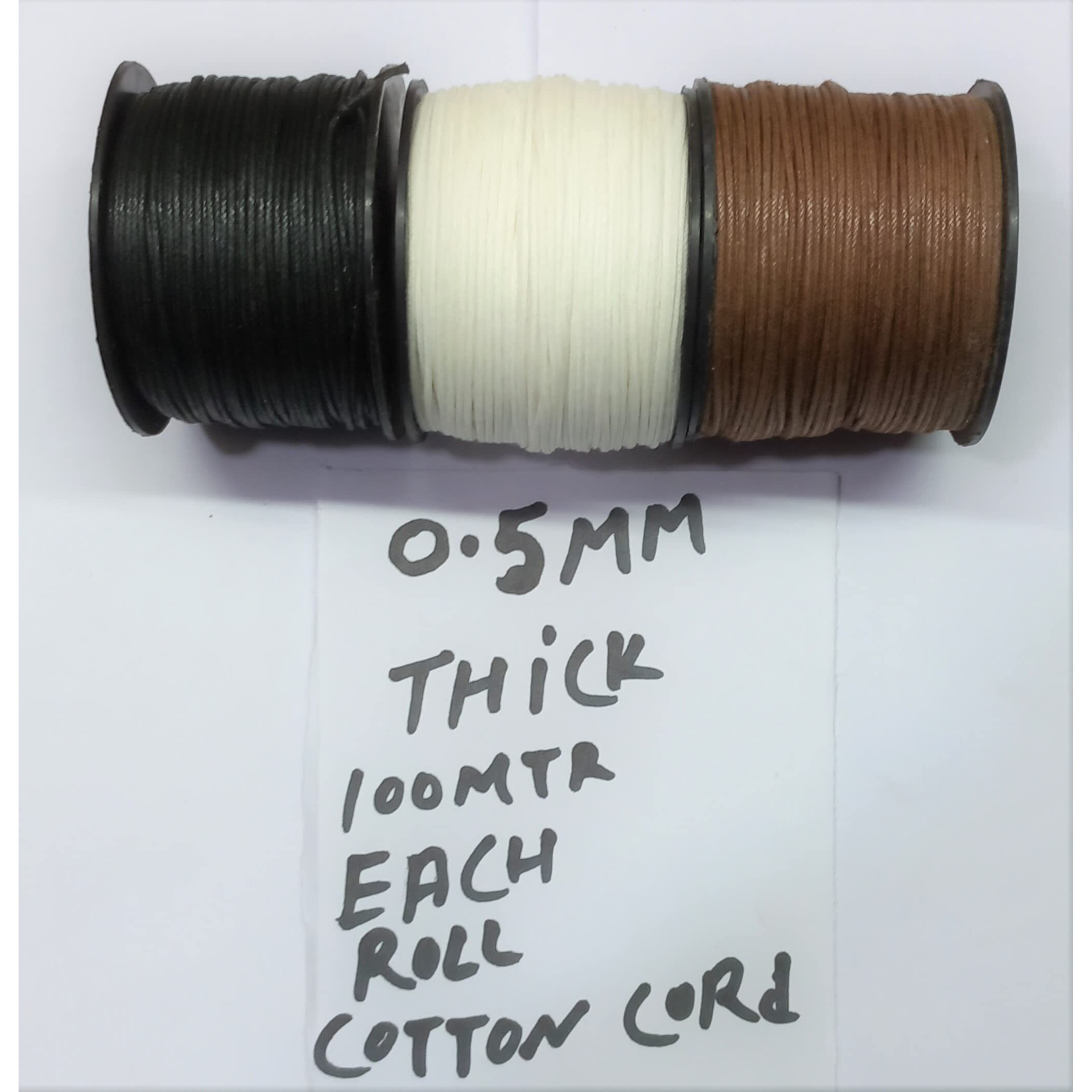 Omx 0.5 Mm Thick, String Waxed Cotton Cords Pack Of 3 Colours, 100 Mtr In 1 Roll - Total 300 Mtr (Black, White & Brown)