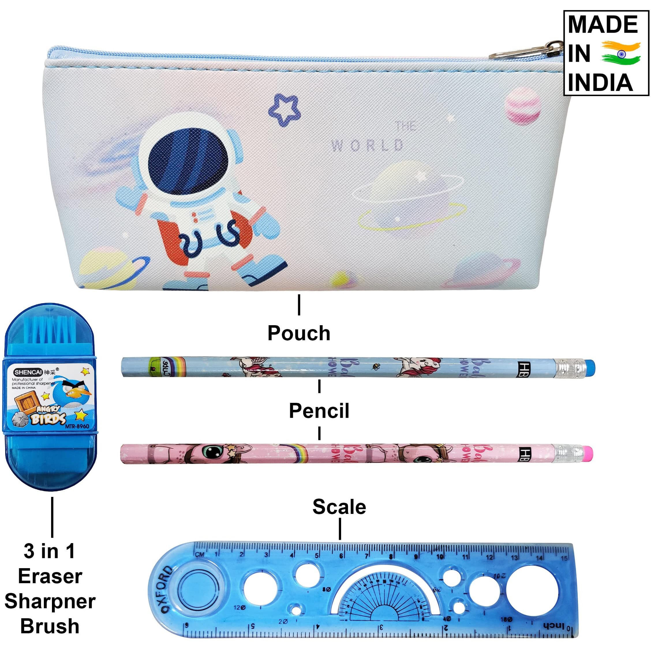 Parteet Astronaut Pencil Pouch Zipper Stationery Combo Pack Of 5 Items 1 Astronaut Pencil Pouch, 2 Unicorn Printed Hb Pencil, 1 3In1 Eraser Sharpner Brush And 1 Scale For Kids Return Gifts