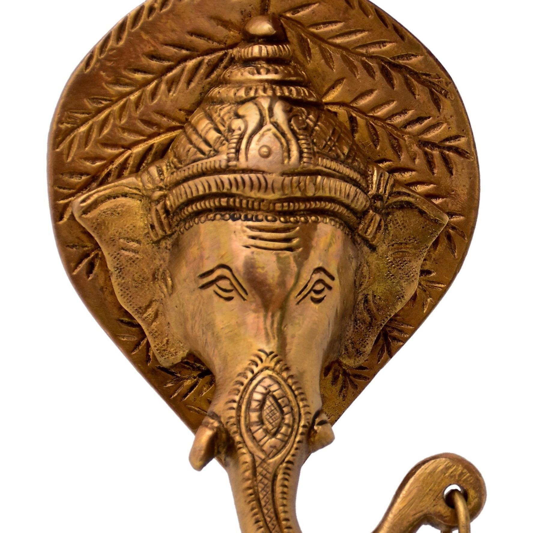 Purpledip Brass Antique Finish Ganesha Head With Bell Wall Hanging (10768B)