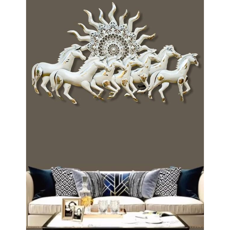 Rsn Metal Iron Running 7 Horses With Led Light 3D Wall Decor Wall Art Wall Hangings For Home Decoration/Wall Hangings For Home Decoration - 46X26 Inch (White)