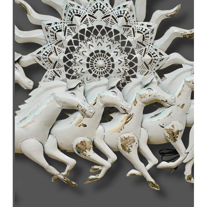 Rsn Metal Iron Running 7 Horses With Led Light 3D Wall Decor Wall Art Wall Hangings For Home Decoration/Wall Hangings For Home Decoration - 46X26 Inch (White)