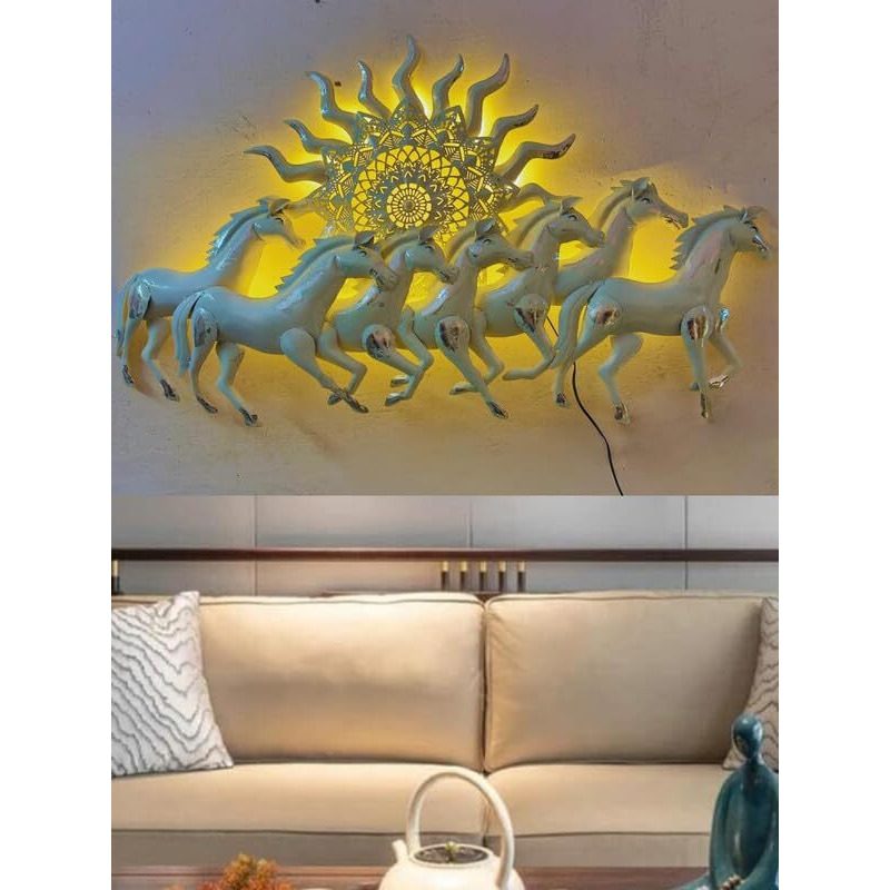 Rsn Metal Iron Running 7 Horses With Led Light 3D Wall Decor Wall Art Wall Hangings For Home Decoration/Wall Hangings For Home Decoration - 46X26 Inch (White)
