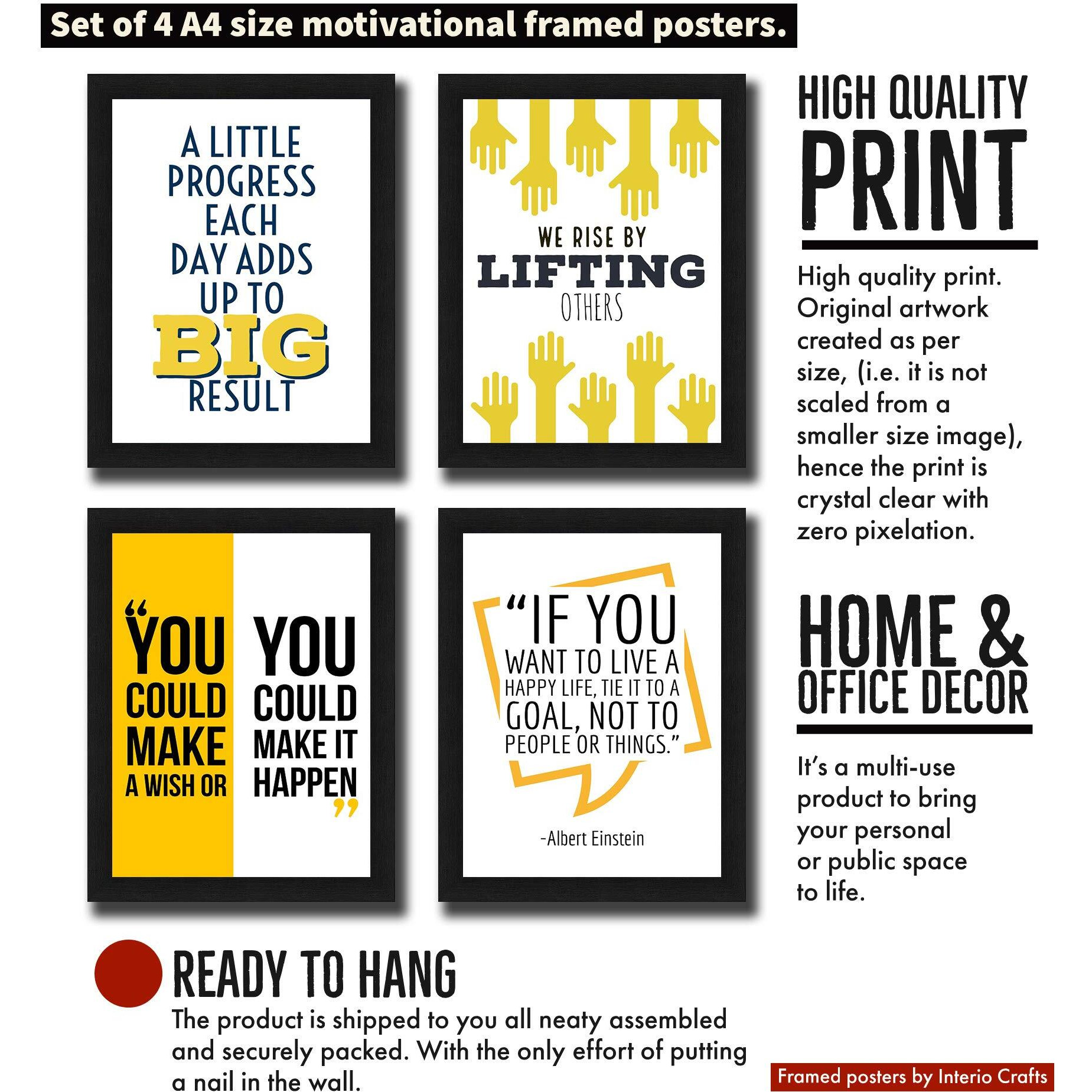 Interio Crafts Motivational Quotes Wall Framed Poster (13X10 Inches,WoodBlack, Framed) -Set Of 4