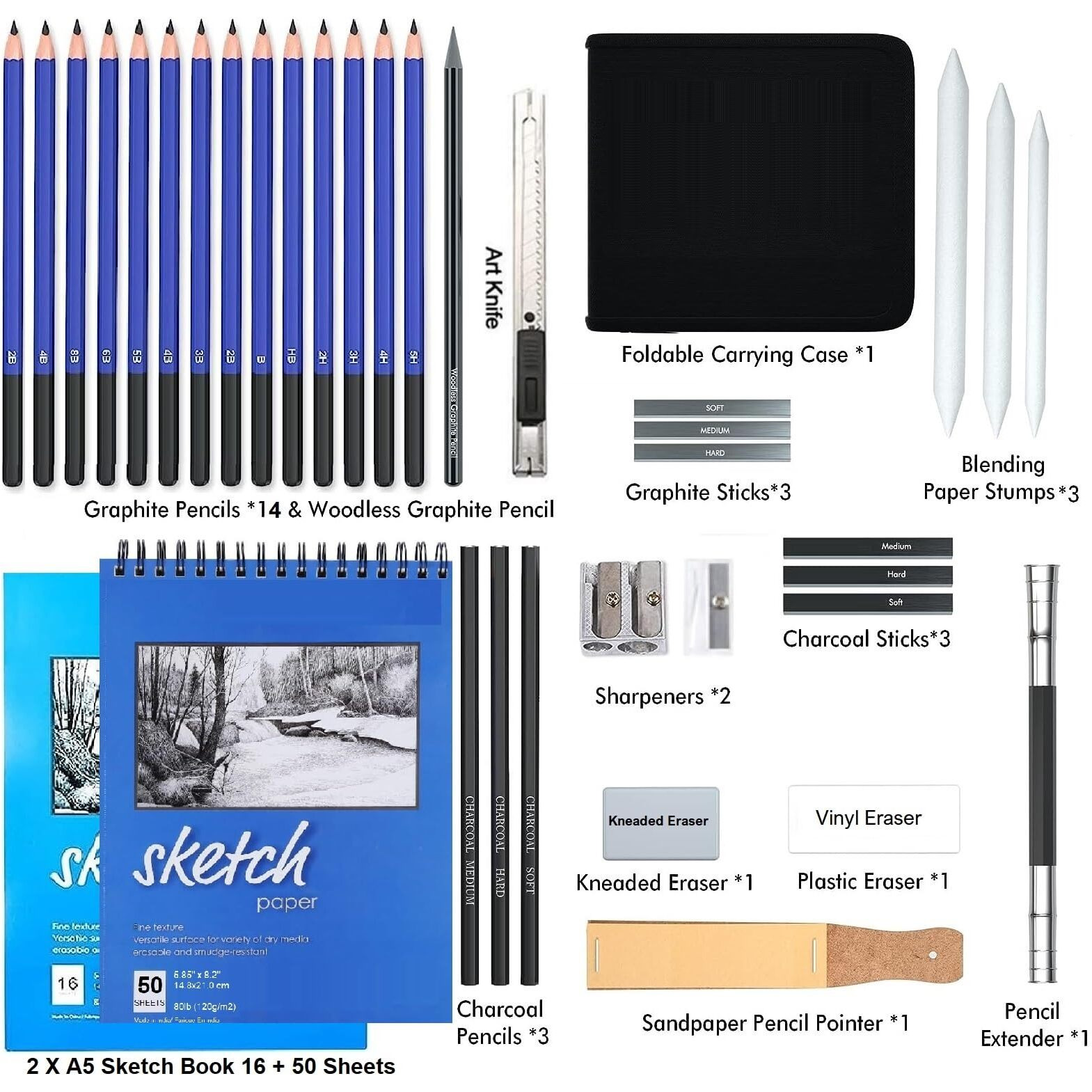 Corslet 36 Pc Drawing Pencils Shading Pencils Set Drawing Kit Sketching Kit Sketch Pencil Set For Artists Charcoal Pencils For Artists Pencils For Artist Kit Graphite Pencil Set A5 Sketchbook 50 Sheet