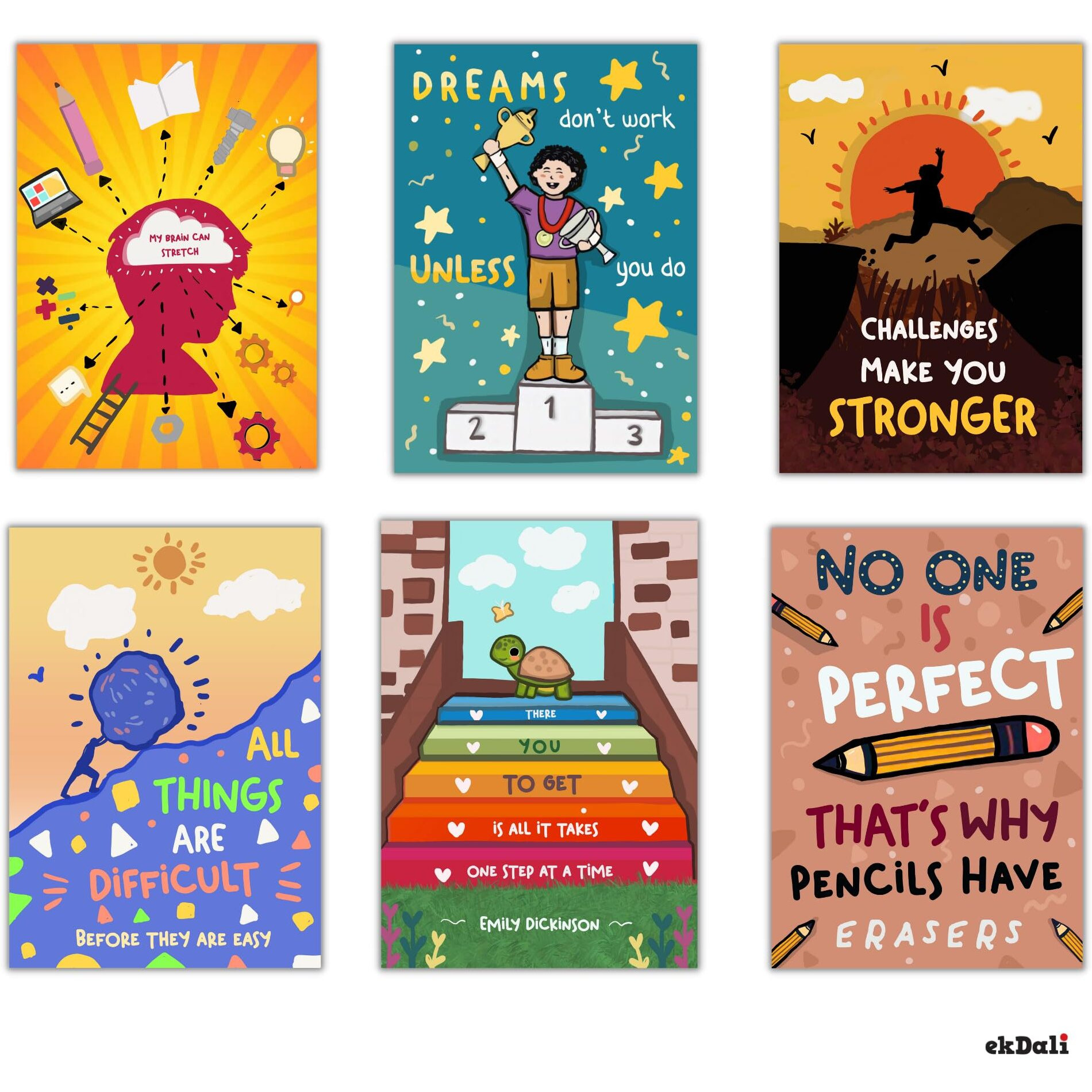 Ekdali Set Of 6 Motivational Wall Posters And Inspirational Quotes For Office And Home | Colourful Motivational Posters | Growth Mindset In Kids