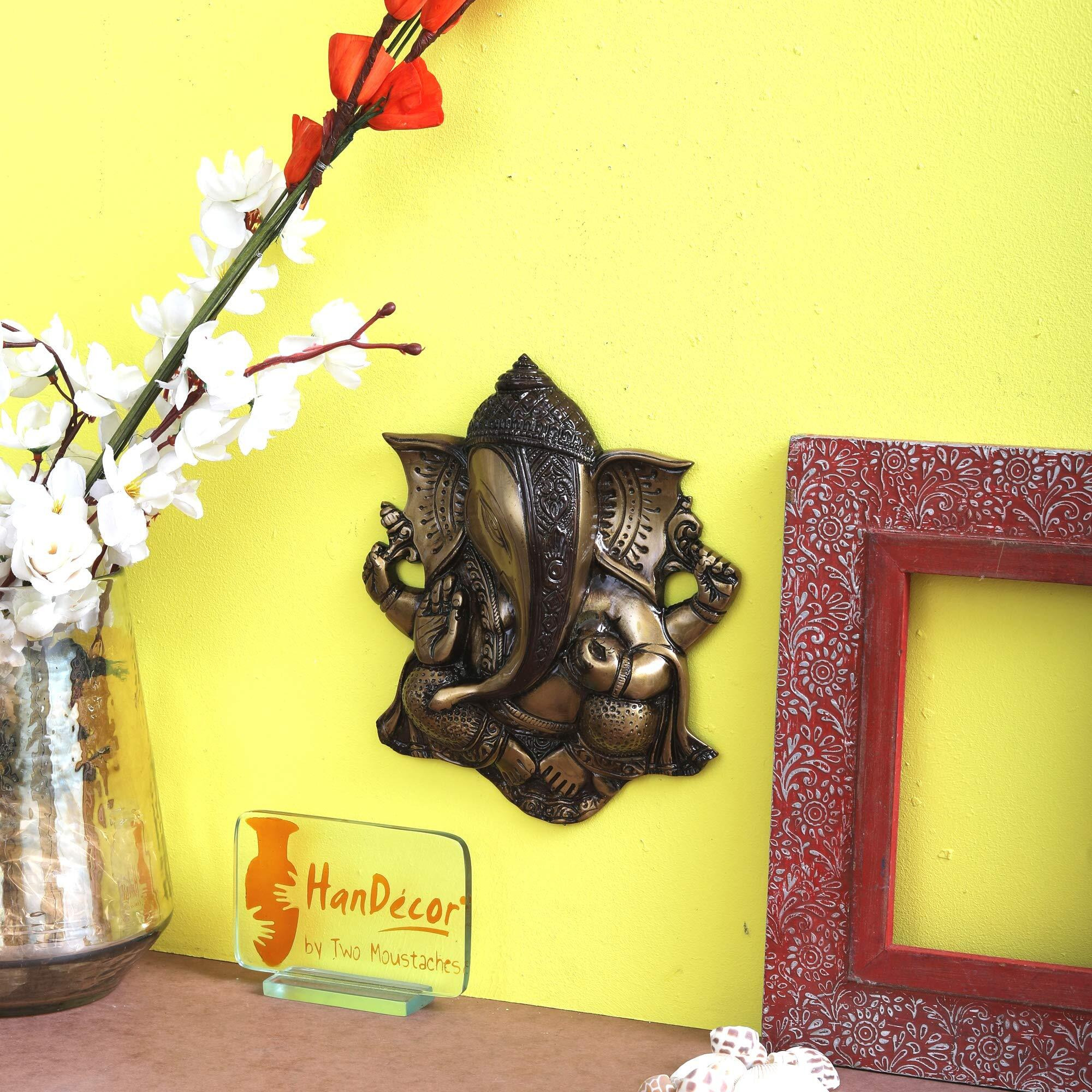Two Moustaches Brass Ganesha Wall Hanging Brown Showpiece