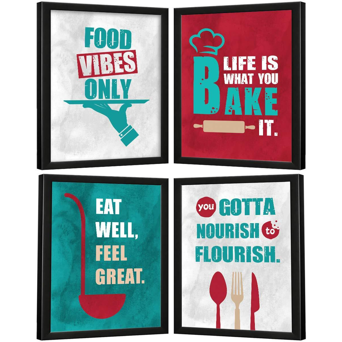 Chaka Chaundh - Kitchen Quotes Wall Frames - Dining Quotes Frame - Kitchen Quotes Framed Posters - Dining Table Quotes Frames For Room & Hall - (13.6 X 10.6 Inches) (Set Of 4 - Multicolor)