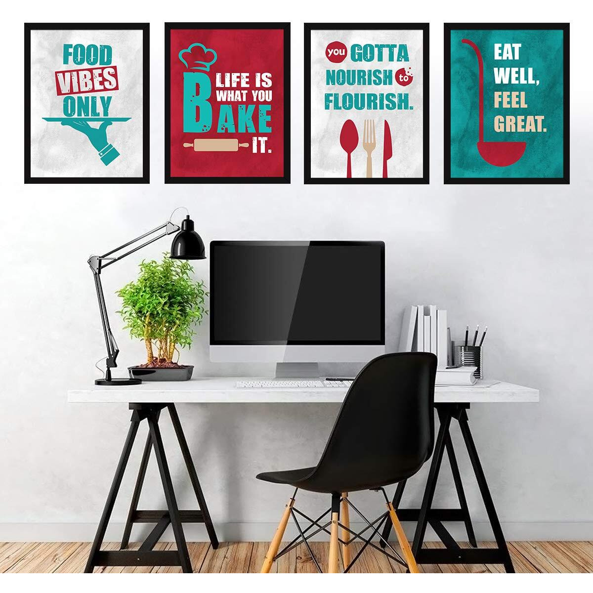 Chaka Chaundh - Kitchen Quotes Wall Frames - Dining Quotes Frame - Kitchen Quotes Framed Posters - Dining Table Quotes Frames For Room & Hall - (13.6 X 10.6 Inches) (Set Of 4 - Multicolor)
