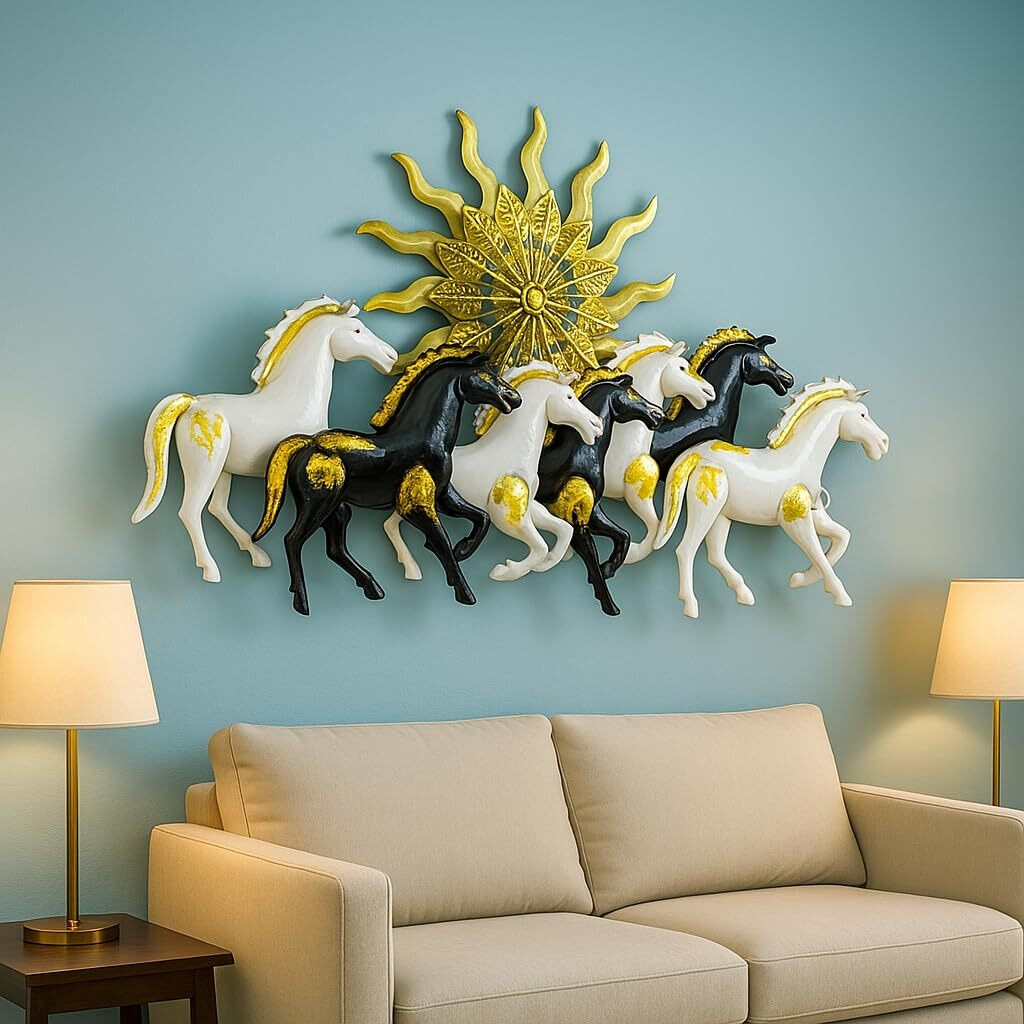 Pranjals House Decorative Metal Wall Art, 7 Running Horses With Sun Design, Black And White With Gold Accents, Modern Home Wall Decor Size-38 * 20 Inch