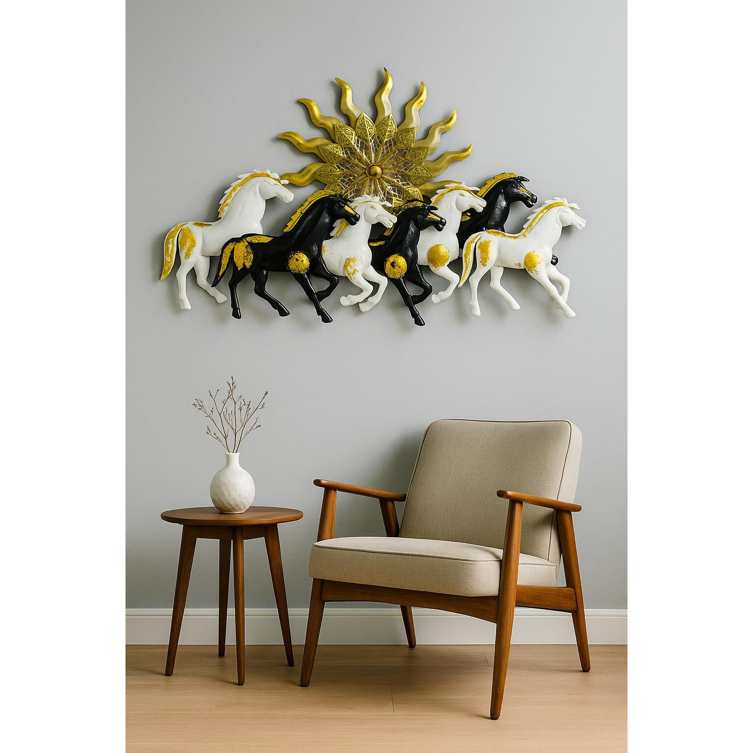 Pranjals House Decorative Metal Wall Art, 7 Running Horses With Sun Design, Black And White With Gold Accents, Modern Home Wall Decor Size-38 * 20 Inch