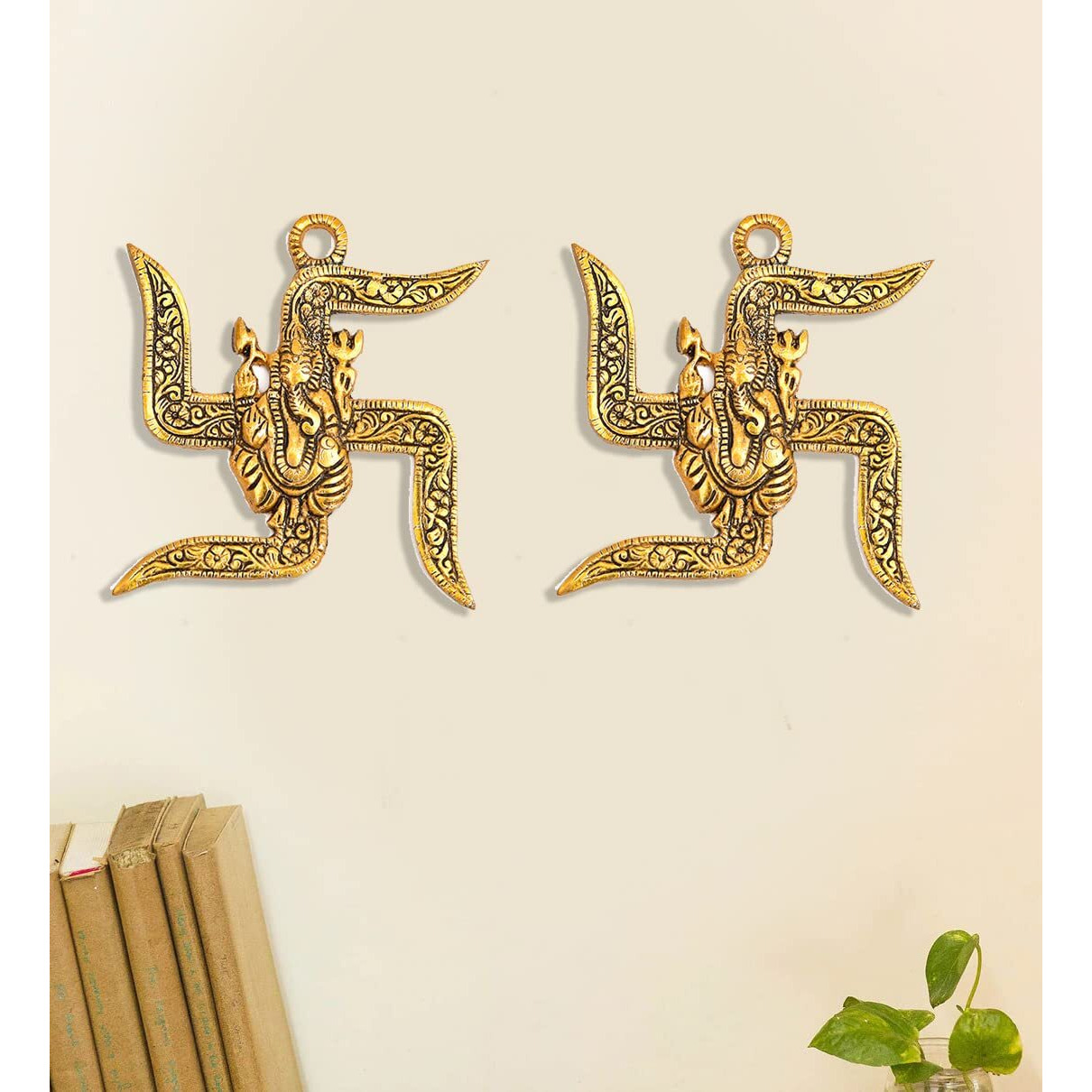 Nirmal Handicraft Oxide Metal Wall Hanging Sathiya With Ganesha Metal Wall Hanging Of 2 Lord Ganesha On Swastik Showpiece