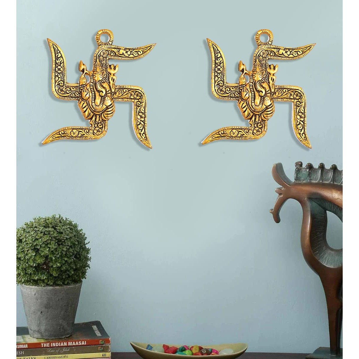 Nirmal Handicraft Oxide Metal Wall Hanging Sathiya With Ganesha Metal Wall Hanging Of 2 Lord Ganesha On Swastik Showpiece