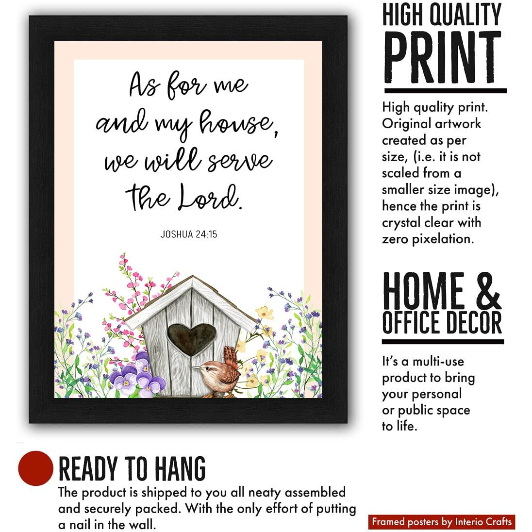Interio Crafts - We Will Serve The Lord - Positive Bible Verse Wall Framed Poster For Office Or Home Wall Decor - Printed Bible Quotes With Frames - Joshua 2415 - Synthetic Wood - 13 X 10 Inches