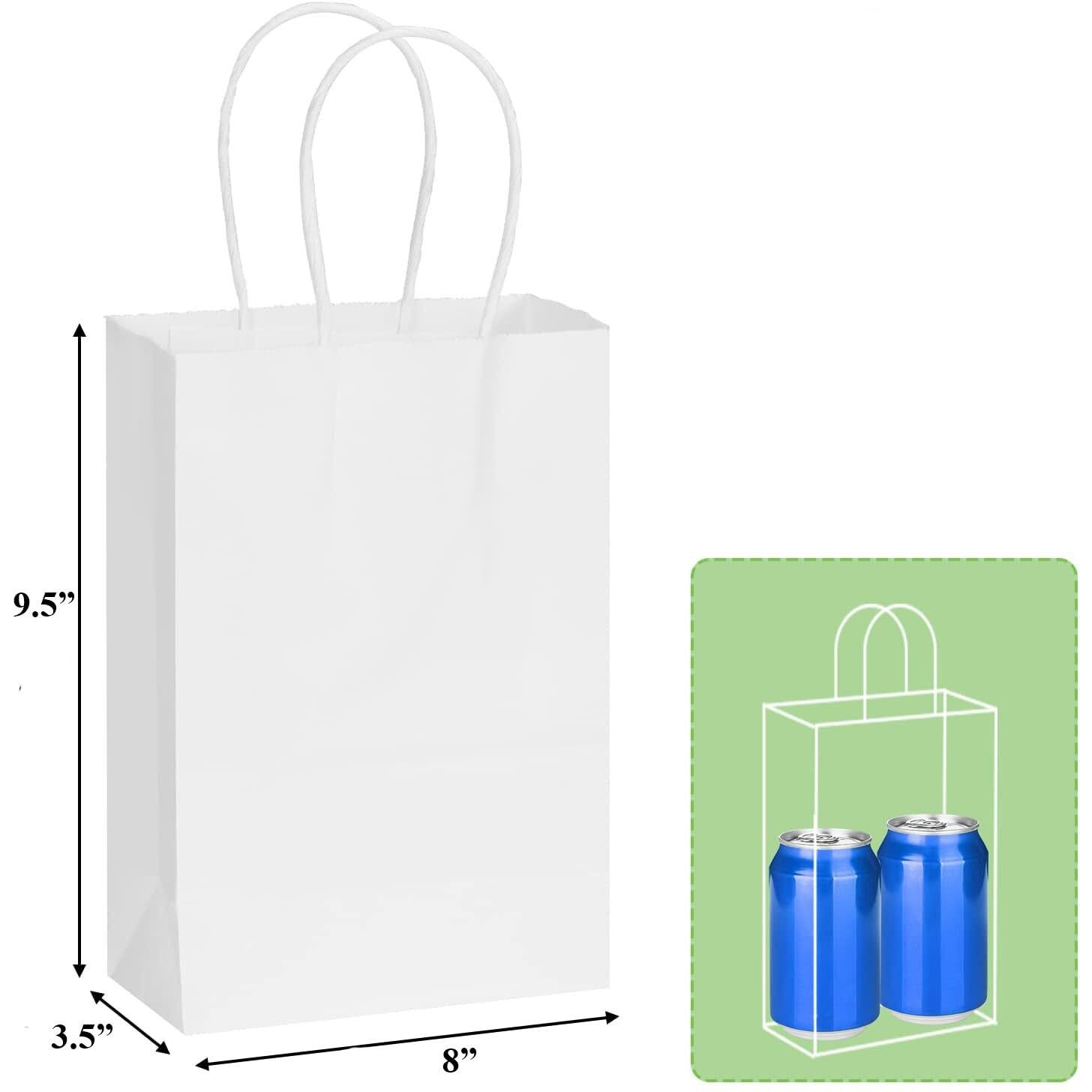 Aakriti Kraft Paper Bags With Handles, White Small Gift Bags Bulk, Retail Bags, Shopping, Birthday Wedding Party Favour Bags, Merchandise Bags (8X3.5X9.5 Inch (Pack Of 100), White)