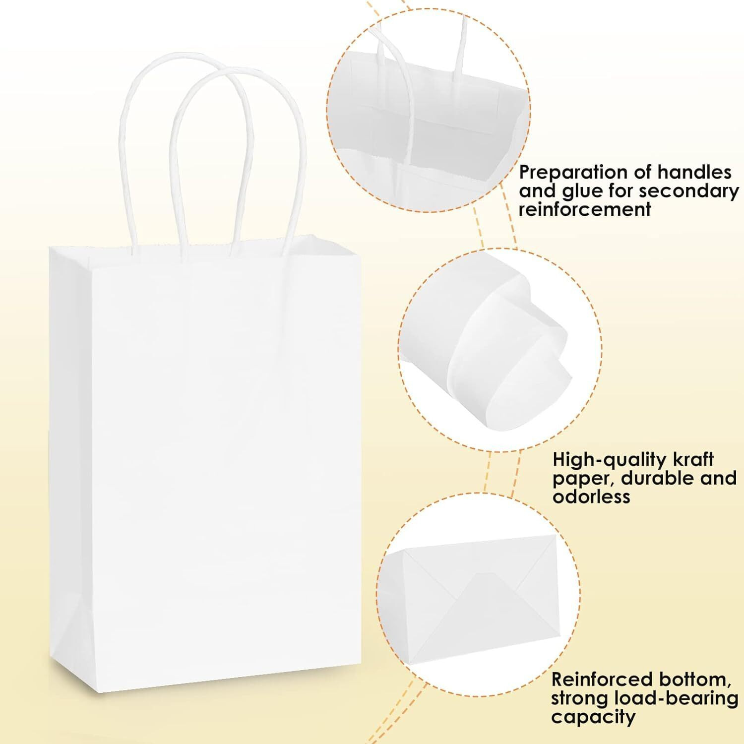 Aakriti Kraft Paper Bags With Handles, White Small Gift Bags Bulk, Retail Bags, Shopping, Birthday Wedding Party Favour Bags, Merchandise Bags (8X3.5X9.5 Inch (Pack Of 100), White)