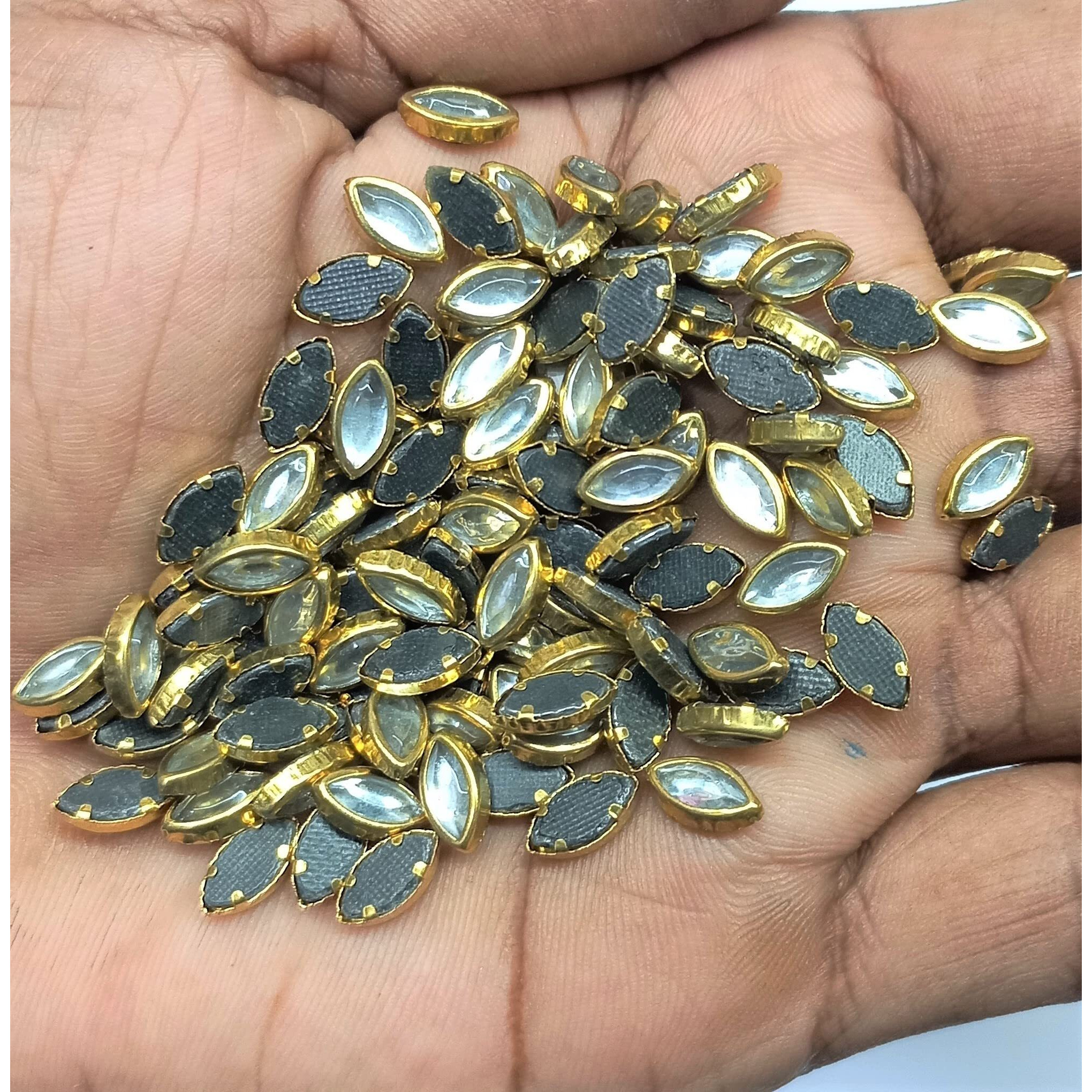 Omx 500 Pc, Kundan Stones Beads Flat Back Glue On Rhinestones For Jewellery Making & Embroidery In Silver Color Eye Shape- 9 X 5 Mm, 100 Gram