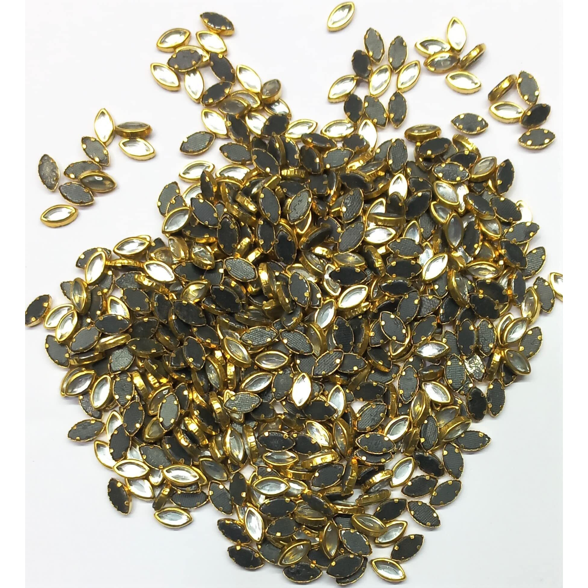 Omx 500 Pc, Kundan Stones Beads Flat Back Glue On Rhinestones For Jewellery Making & Embroidery In Silver Color Eye Shape- 9 X 5 Mm, 100 Gram
