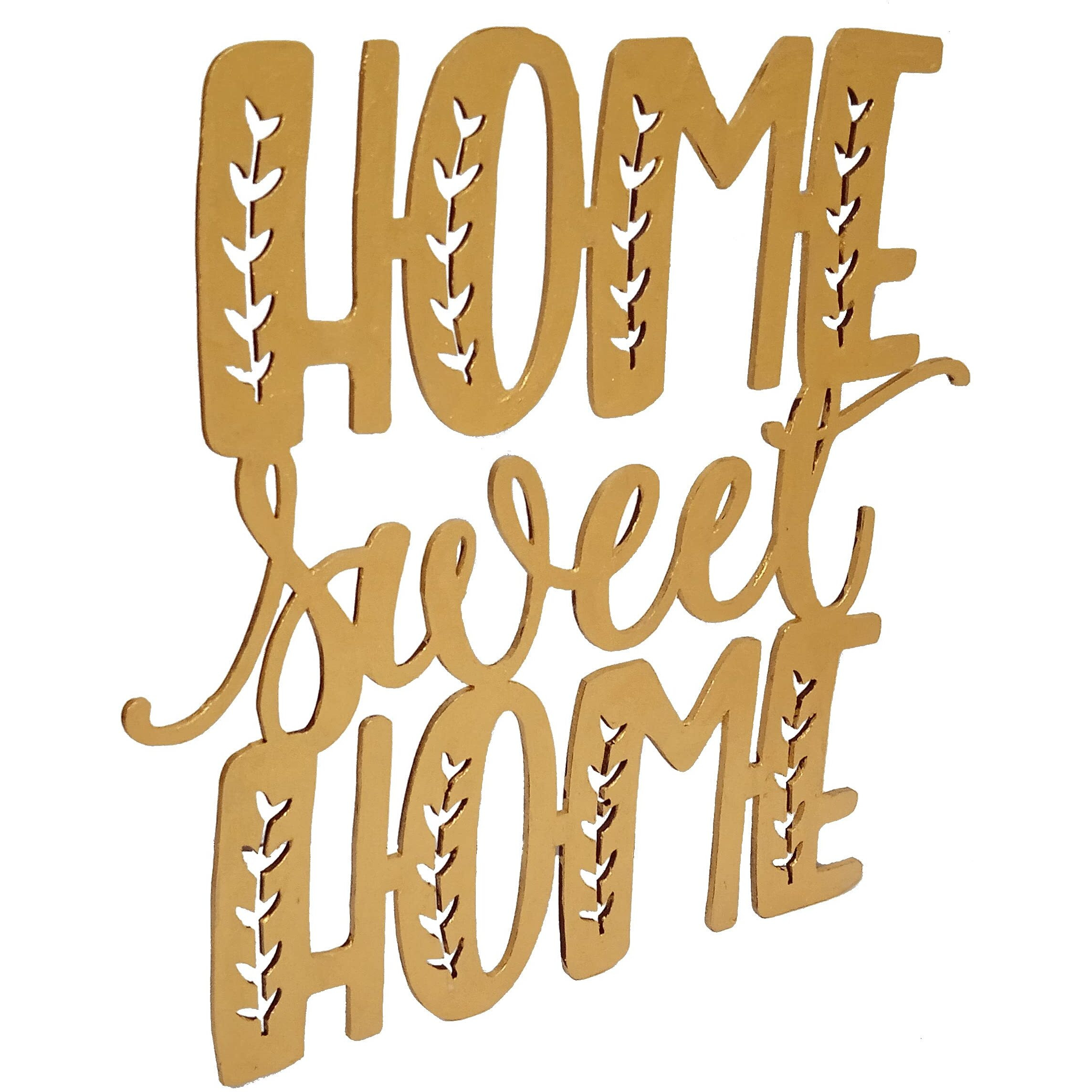 Purpledip Wooden Laser Cut Wall Hanging Home Sweet Home, Golden (12378)