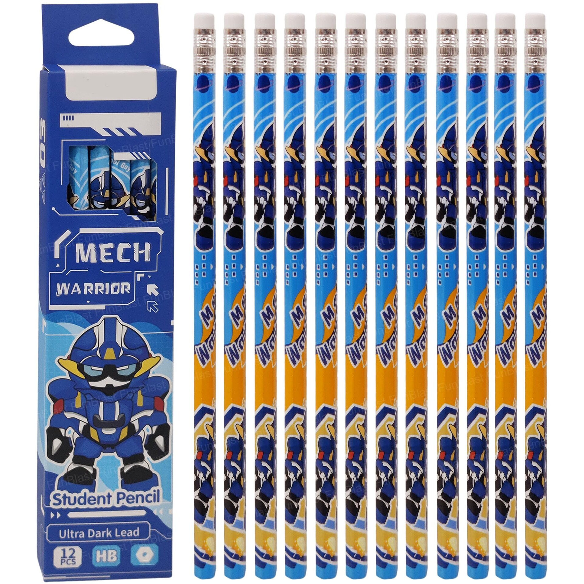 Funblast Pencils With Eraser On Top - 12 Pcs Robot Warrior Graphite Pencil Set For Kids, Hb Pencil For Writing, Drawing, Calligraphy & Shading, Birthday Return Gift For Kids (Blue)