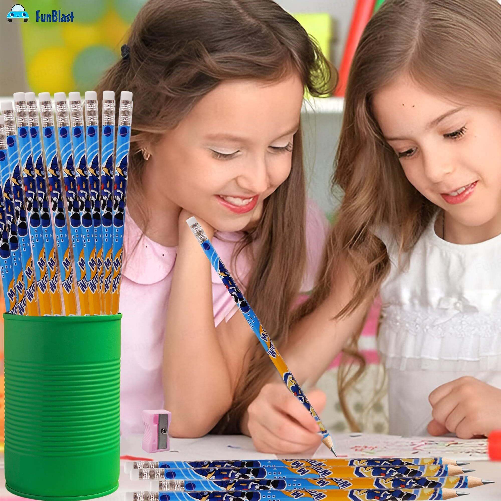 Funblast Pencils With Eraser On Top - 12 Pcs Robot Warrior Graphite Pencil Set For Kids, Hb Pencil For Writing, Drawing, Calligraphy & Shading, Birthday Return Gift For Kids (Blue)