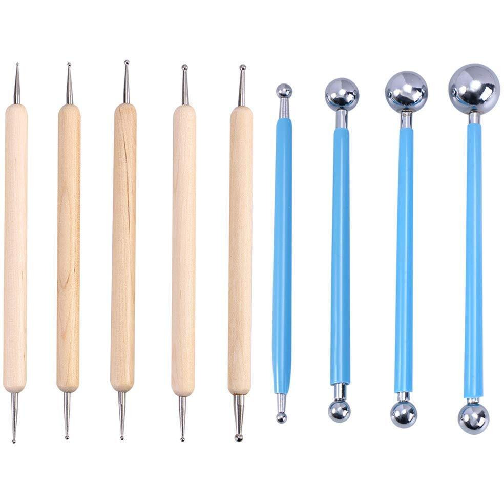 Amigozz 9 Piece Ball And Wooden Dotting Tool Set Embossing Stylus For Clay Pottery Ceramic Nail Art And Polymer Clay