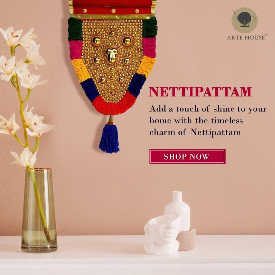 Arte House Small Wall Hanging Nettipattam For Home(Elephant Caparison)-45 Cm Height, 11 Inches Golden Area, Multicolor