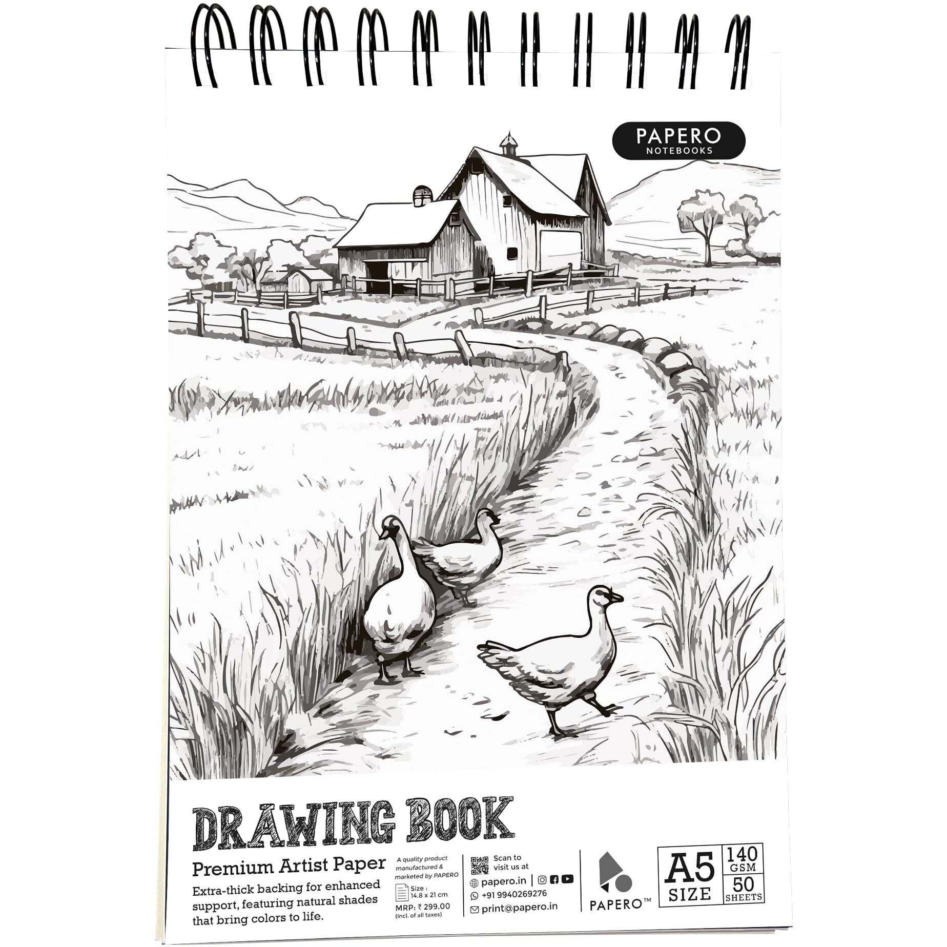 Papero A5 Sketch/Drawing Book  140 Gsm, 100 Pages/50 Sheets, Metal Wire-O Bound  Perfect For Professional Artists, Architects, Kids, And Adults (21.0 X 14.8 Cm) (Meadow Sketch) (Meadow Sketch)