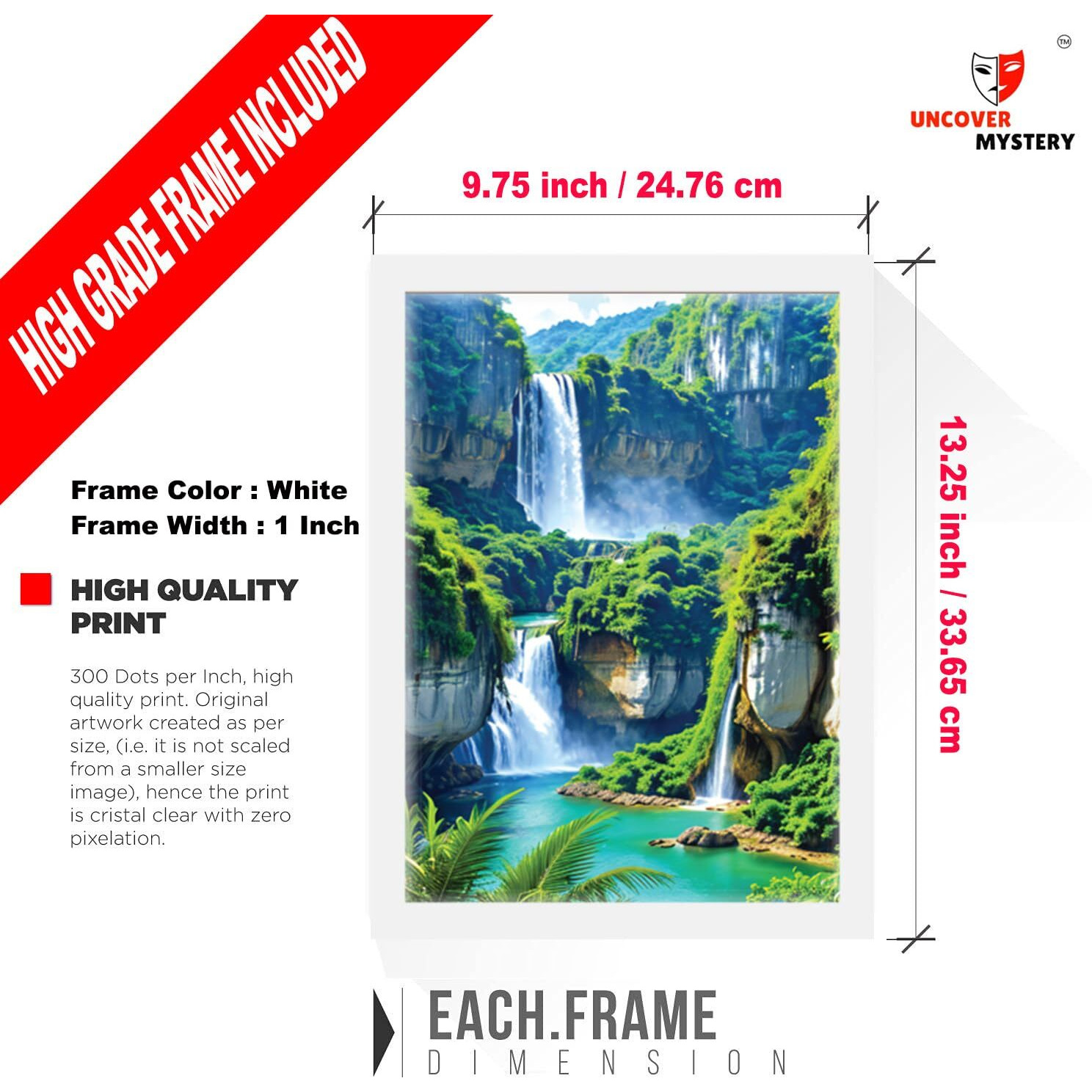 Uncover Mystery Waterfall Digital Hd Print, Framed Poster Wall Art For Home, Office, Living Room Wall Decoration, (Size - 9.75 X 13.25 In), Frame Color  -White-083