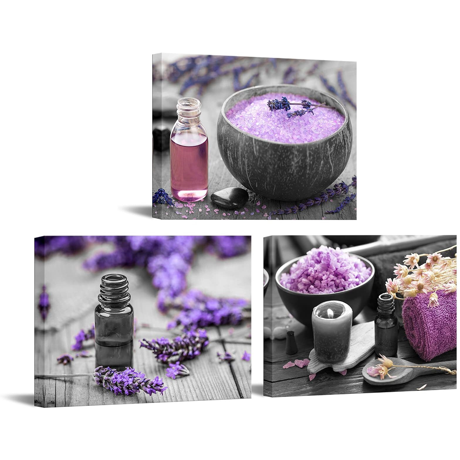 Levvarts 3Pc Canvas Art Purple Lavender Flower & Spa Salt Picture, Zen Still Life, 12X16Inches, Bathroom Wall Decor